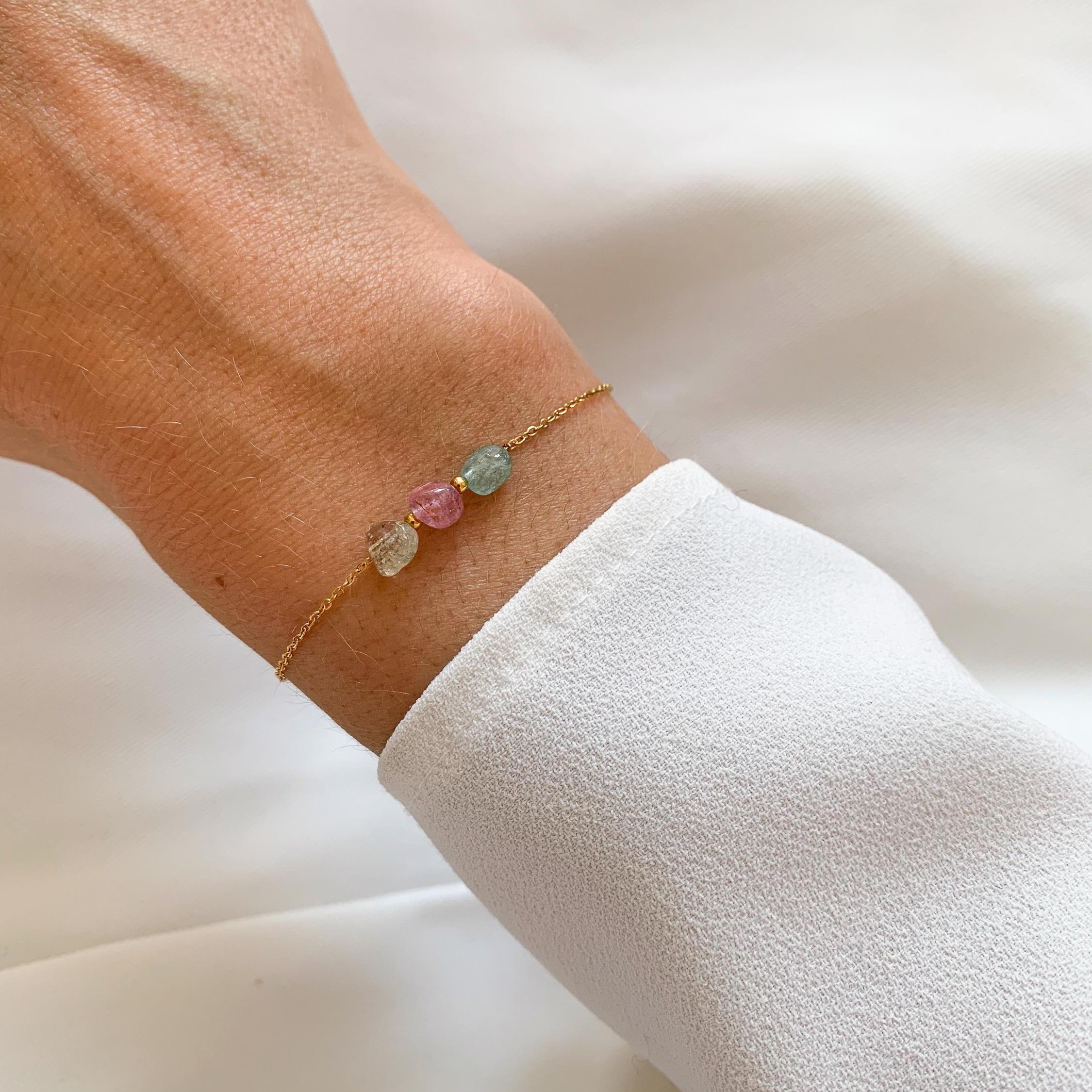 Bracelet fin pierre tourmaline rose verte / bracelet femme perles roses vertes bleu