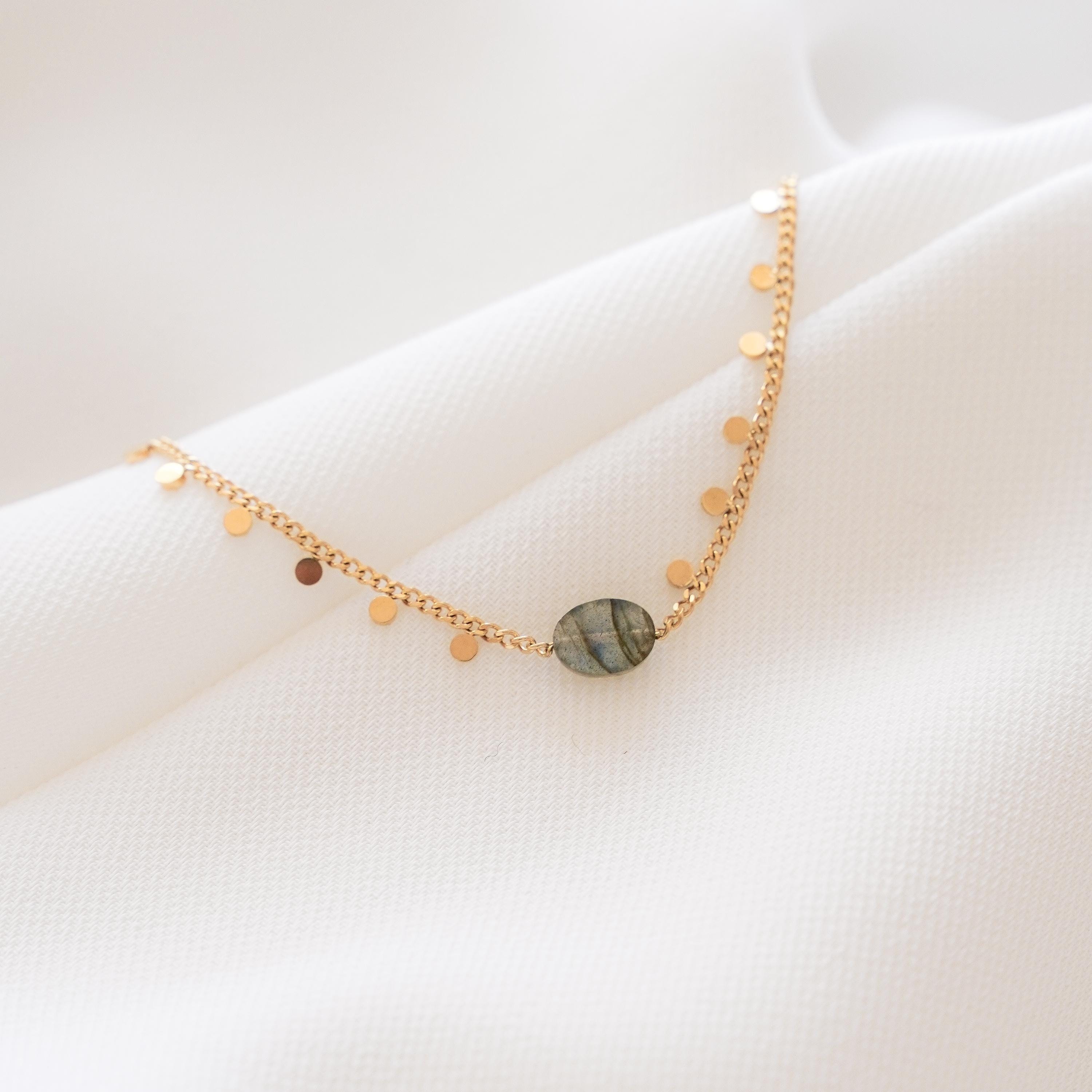 Bracelet acier inoxydable pierre naturelle labradorite / Bracelet chaine fine pierre grise ovale