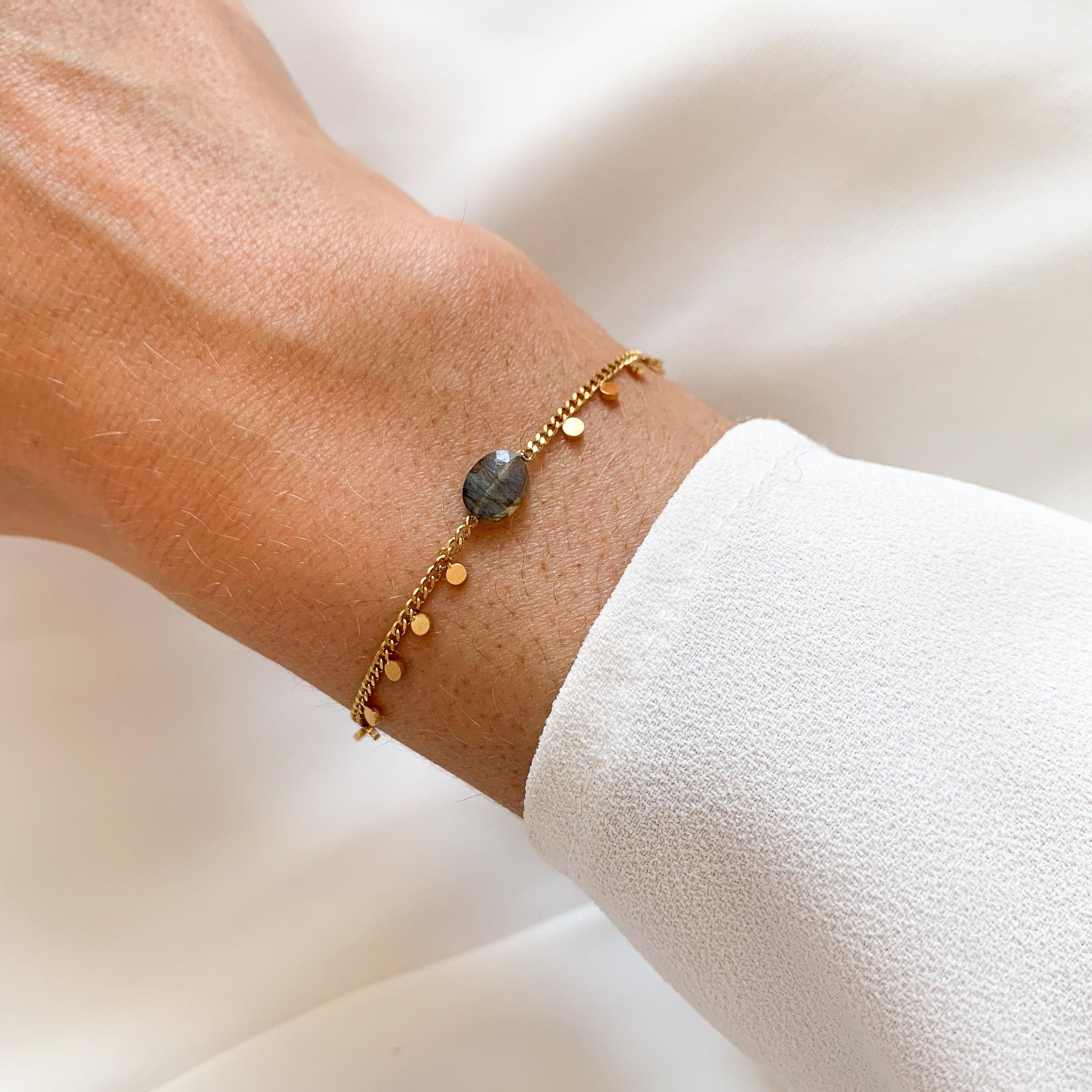 Bracelet acier inoxydable pierre naturelle labradorite / Bracelet chaine fine pierre grise ovale