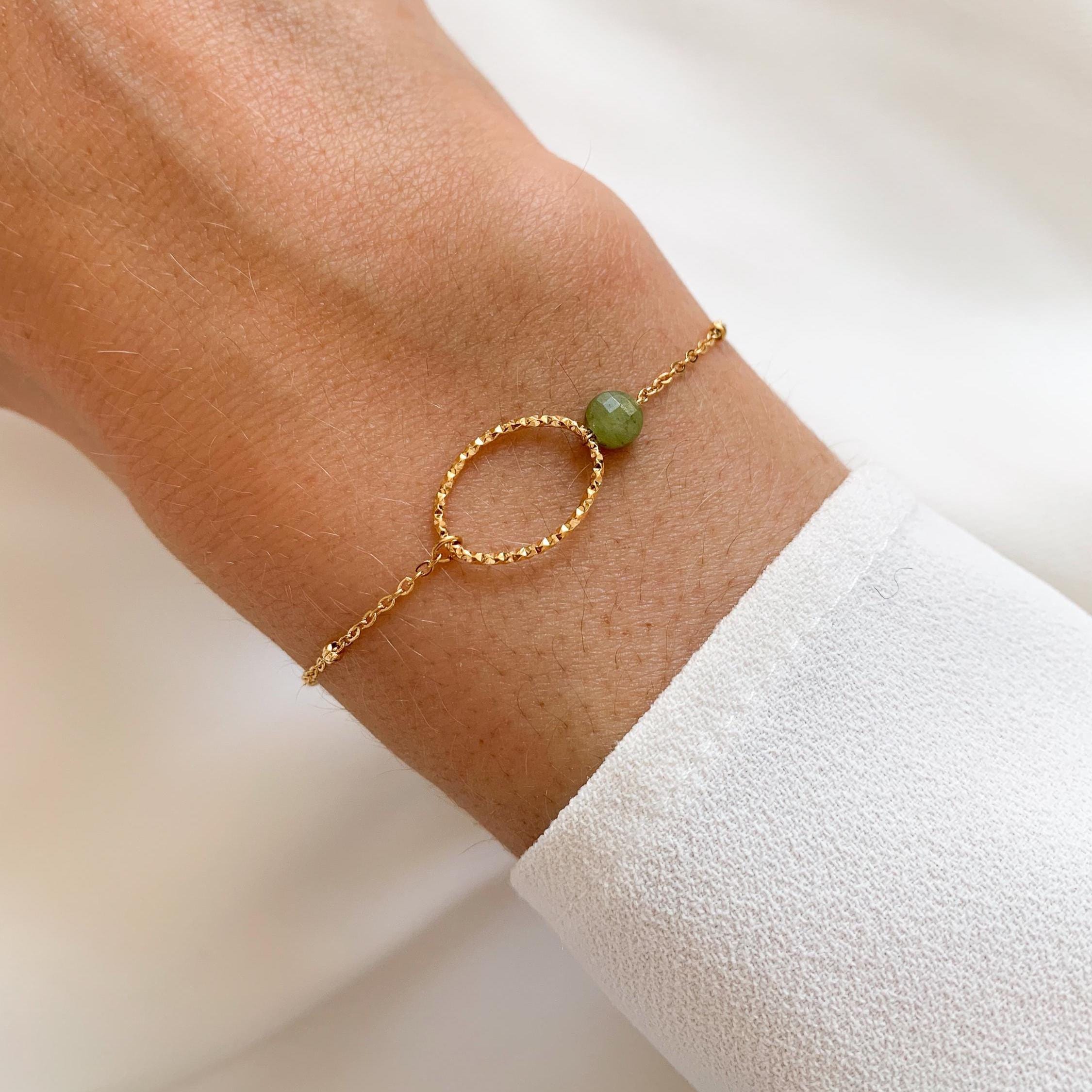 Bracelet acier inoxydable pierre naturelle verte serpentine / Bracelet anneau ovale doré chaine fine perle verte