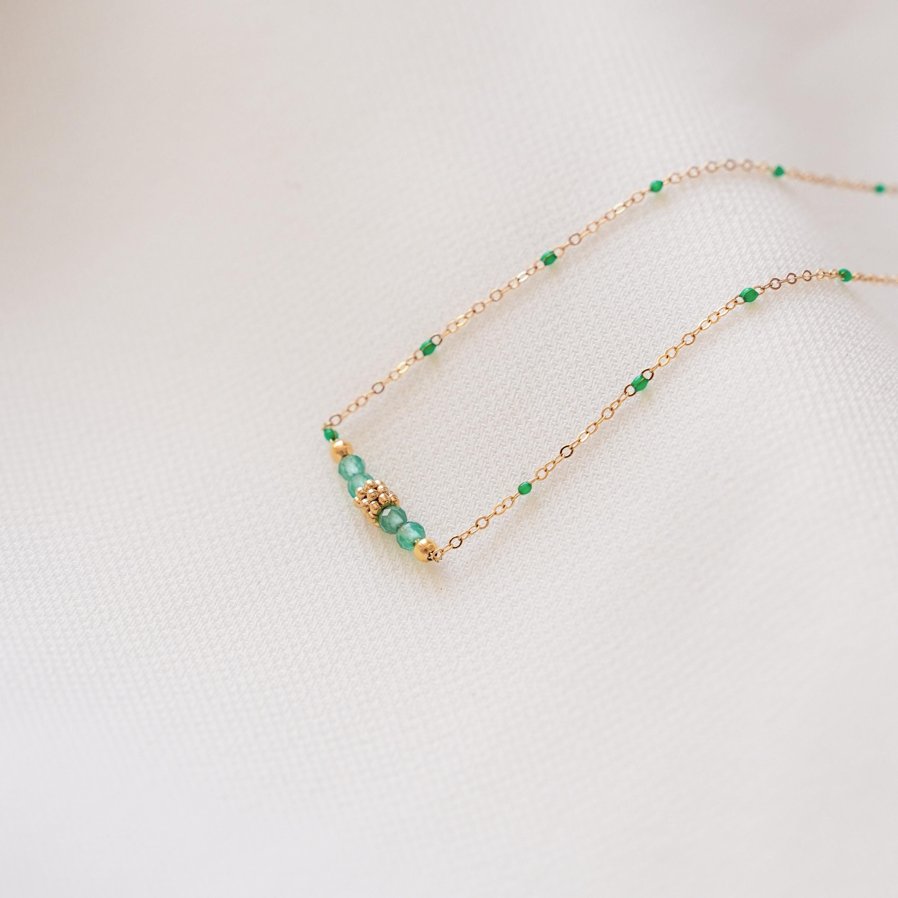 Bracelet acier inoxydable perles vertes / Bracelet chaine fine perles vertes