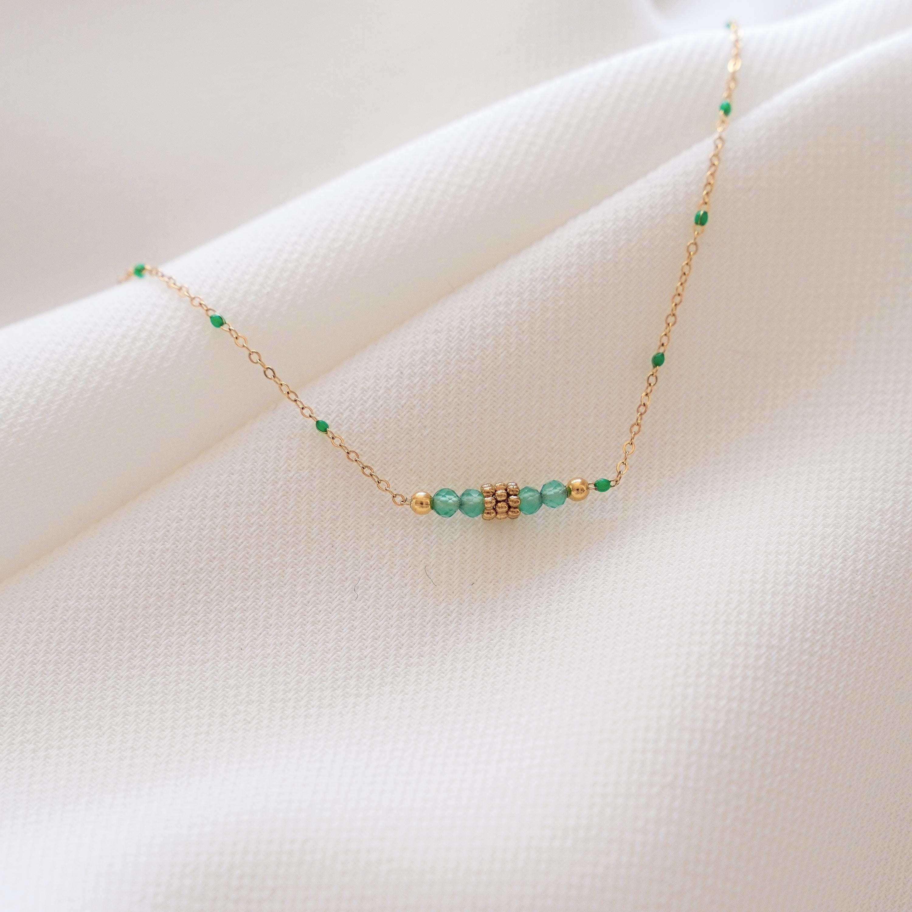 Bracelet acier inoxydable perles vertes / Bracelet chaine fine perles vertes