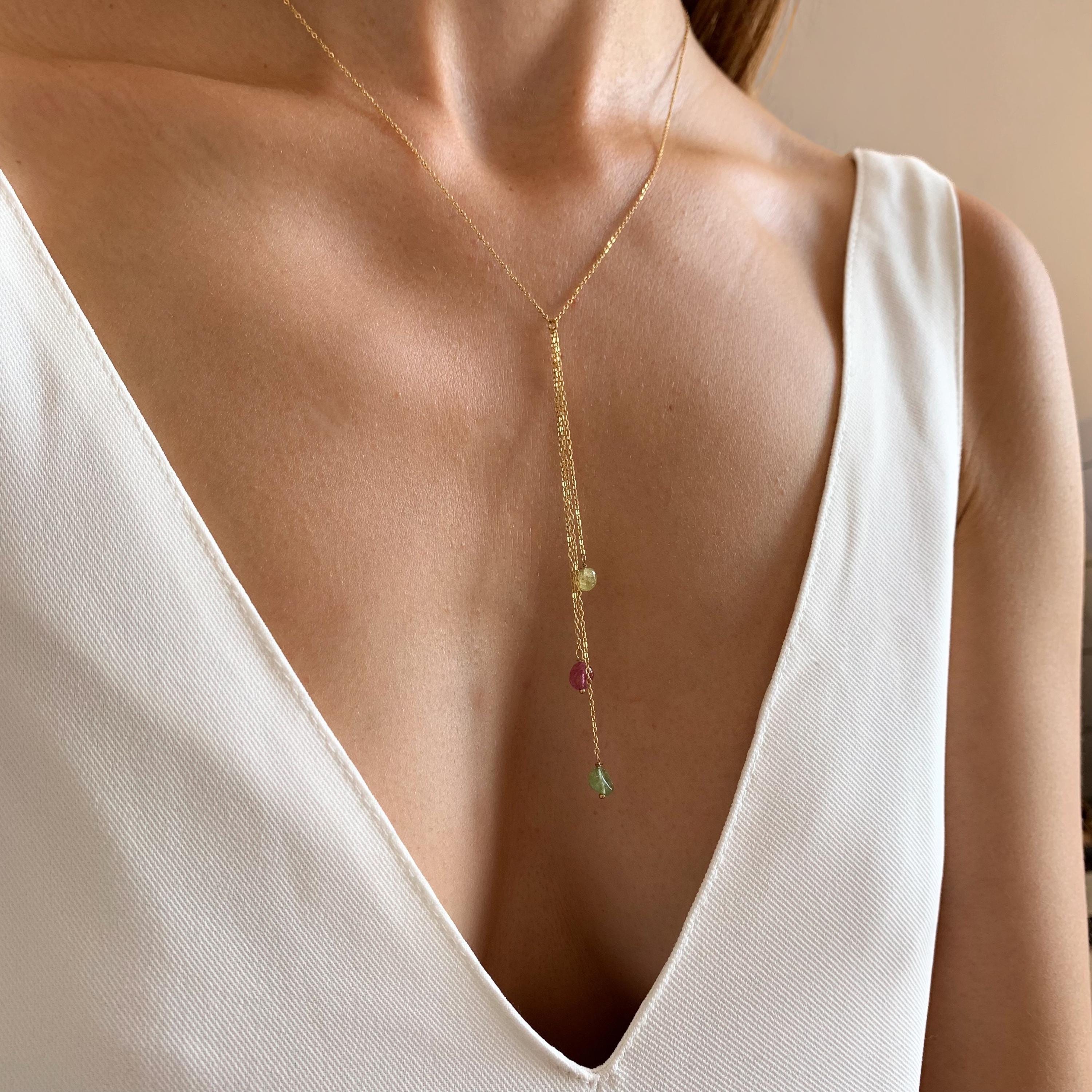 Collier en Y pierre naturelle tourmaline / Collier femme lasso en acier inoxydable et pendentifs pierres vertes roses