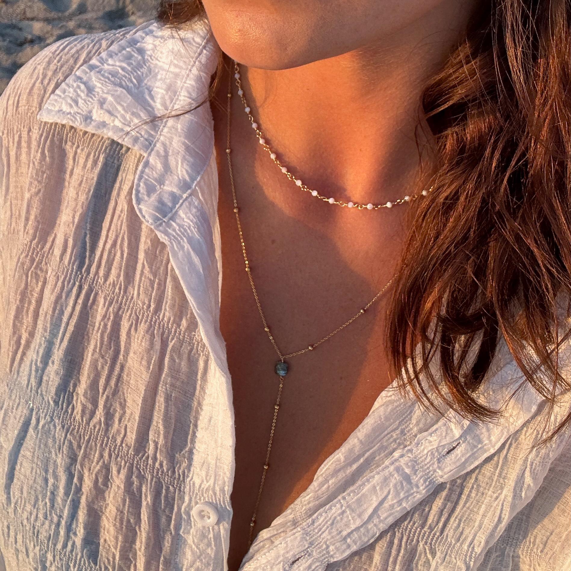 Collier fin pendentif pierre labradorite / Collier femme minimaliste chaine fine acier inoxydable