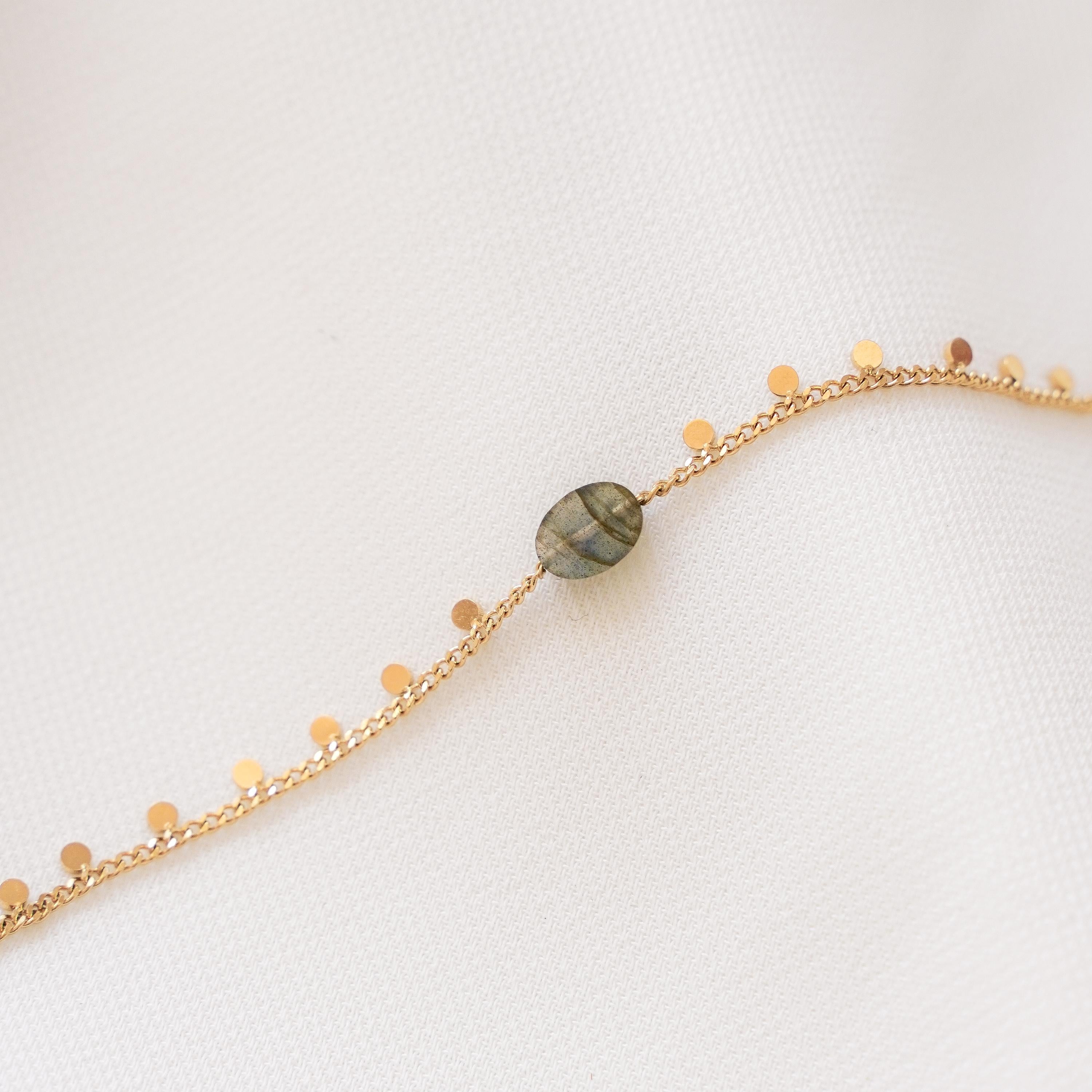 Bracelet acier inoxydable pierre naturelle labradorite / Bracelet chaine fine pierre grise ovale