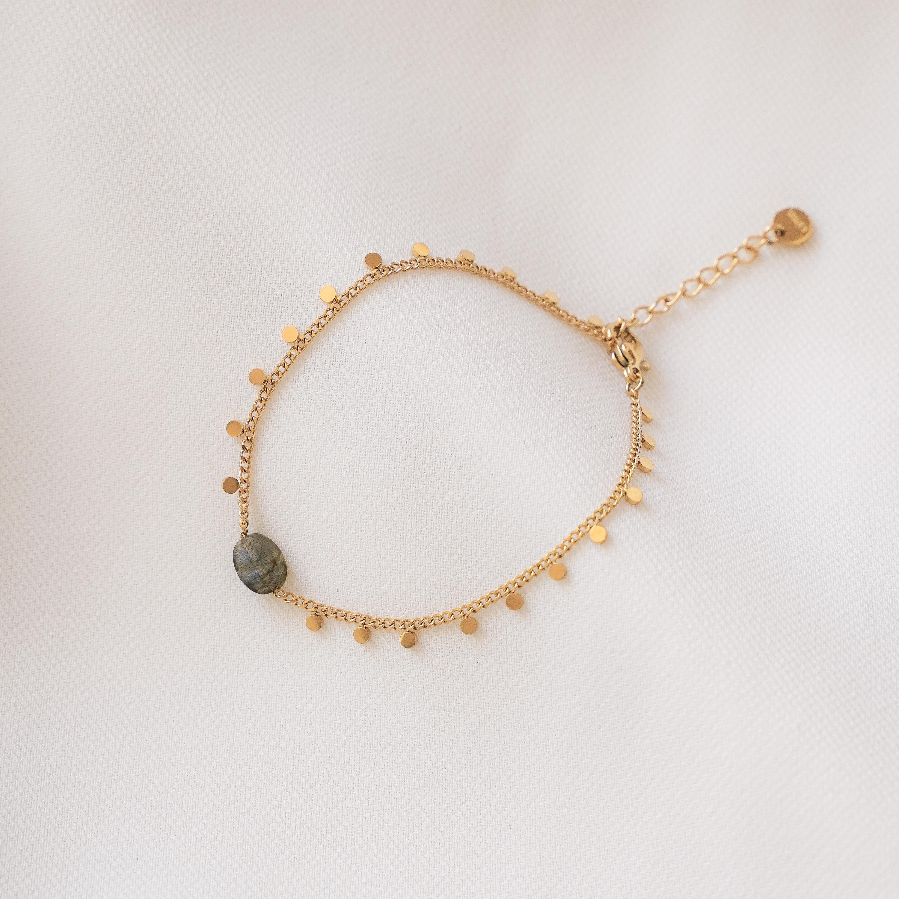Bracelet acier inoxydable pierre naturelle labradorite / Bracelet chaine fine pierre grise ovale
