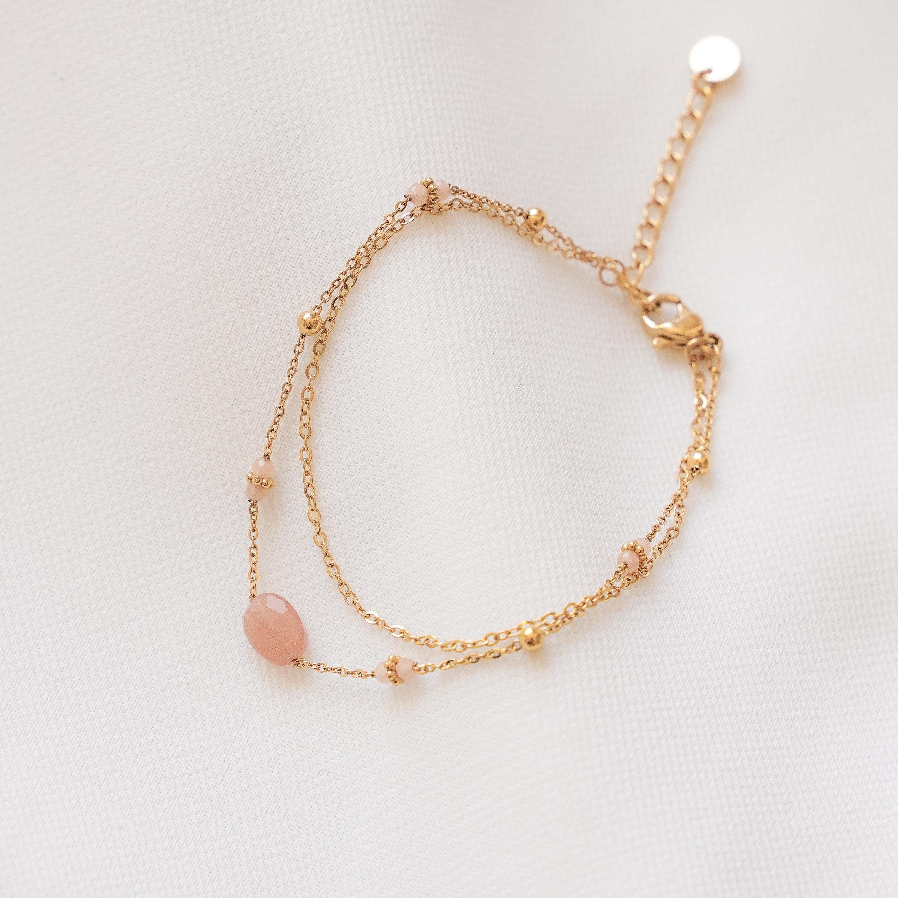 Bracelet acier inoxydable pierre naturelle quartz rose / Bracelet double chaine fine perle ovale rose pale