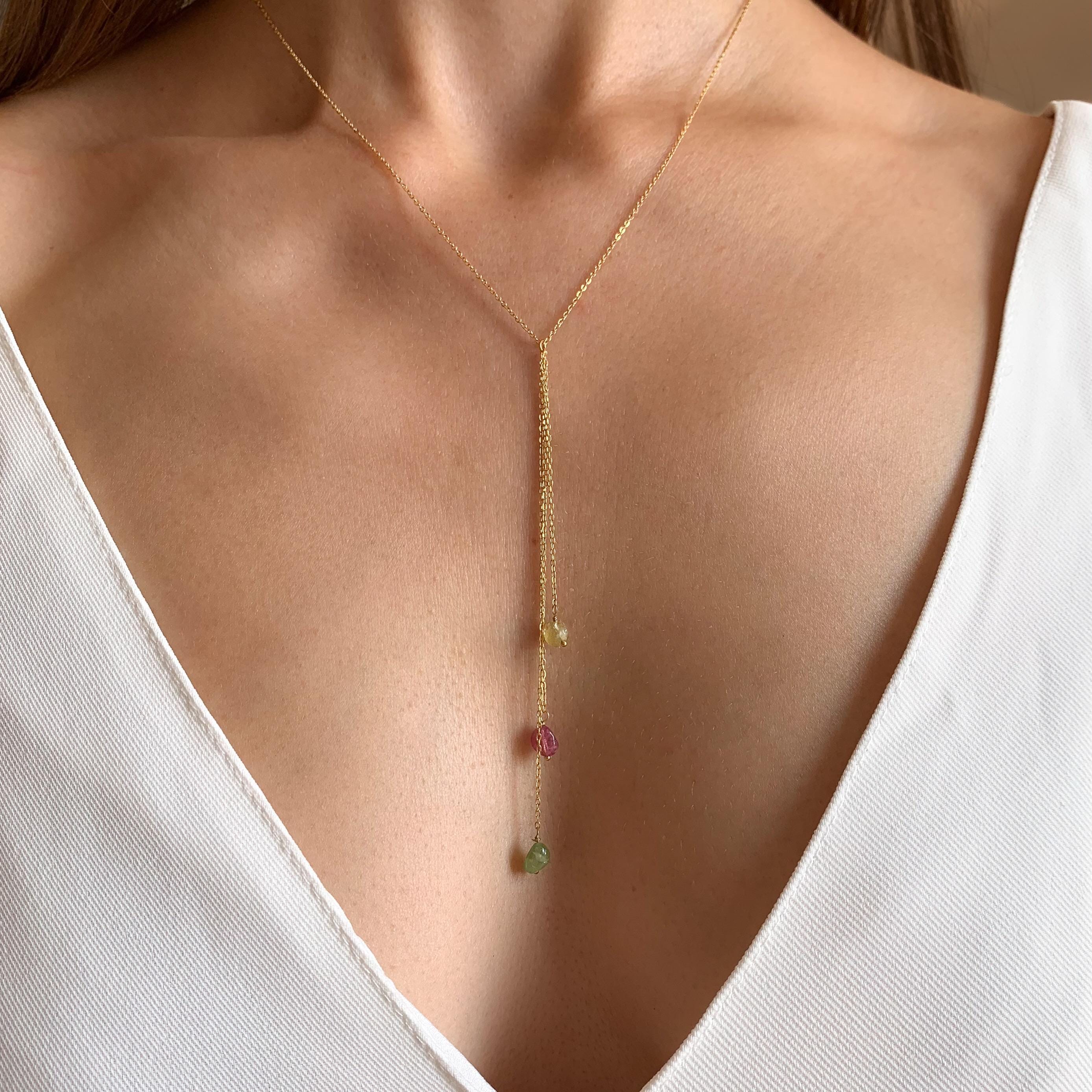 Collier en Y pierre naturelle tourmaline / Collier femme lasso en acier inoxydable et pendentifs pierres vertes roses