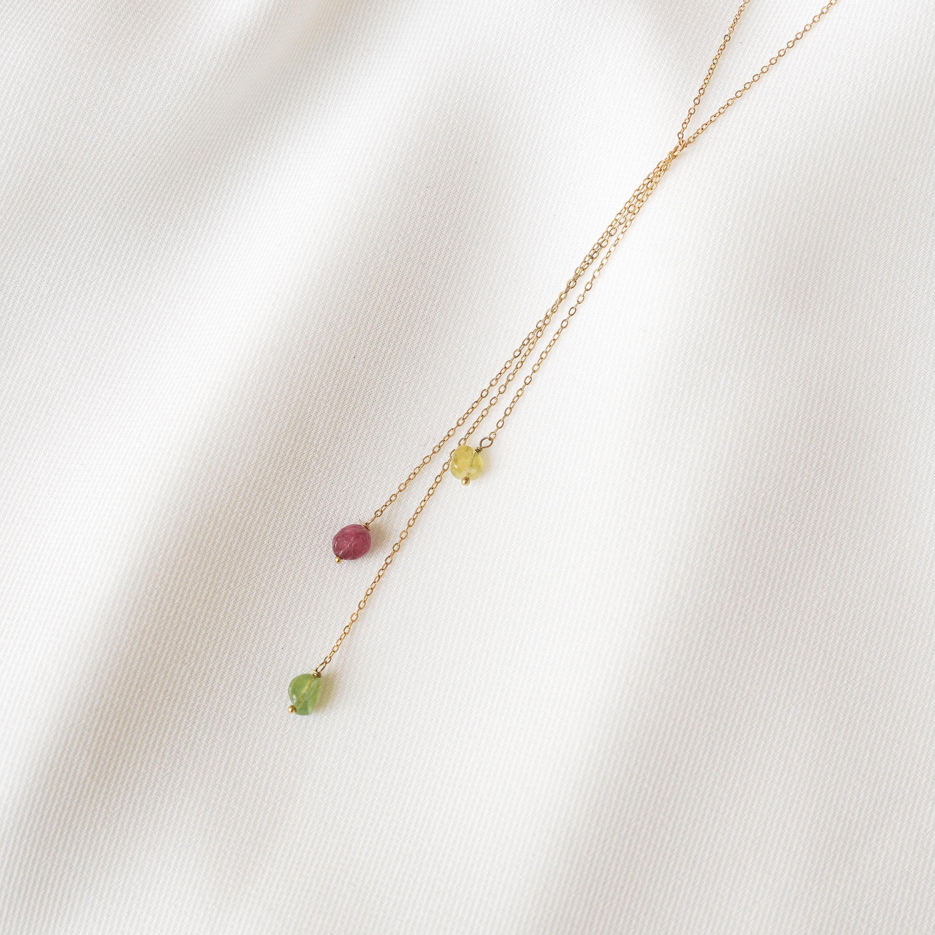 Collier en Y pierre naturelle tourmaline / Collier femme lasso en acier inoxydable et pendentifs pierres vertes roses
