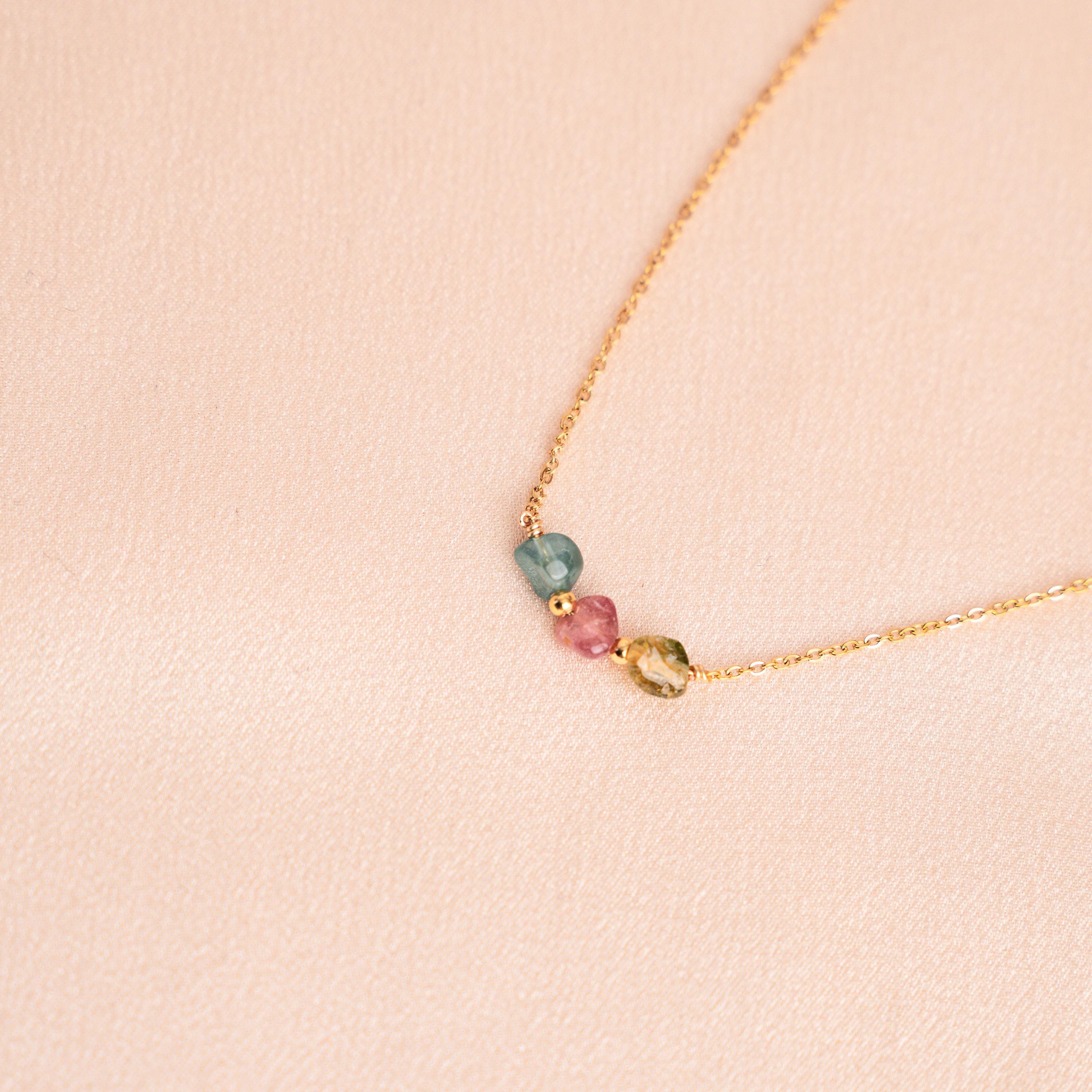 Collier tourmaline pierre naturelle et acier inoxydable / Collier fin minimaliste pierres colorées