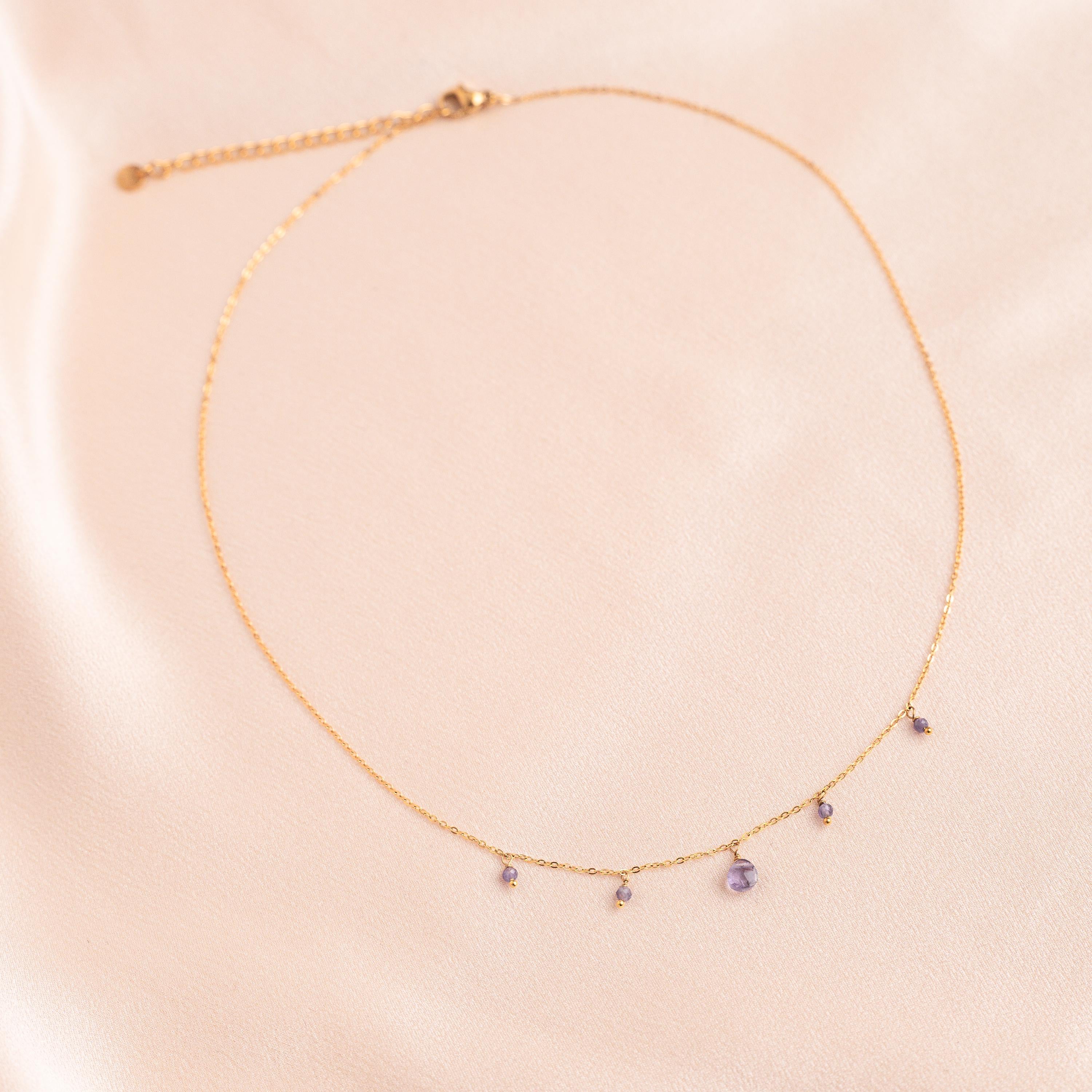 Collier acier inoxydable pierre Améthyste violet / Collier femme pendentif pierre semi précieuse