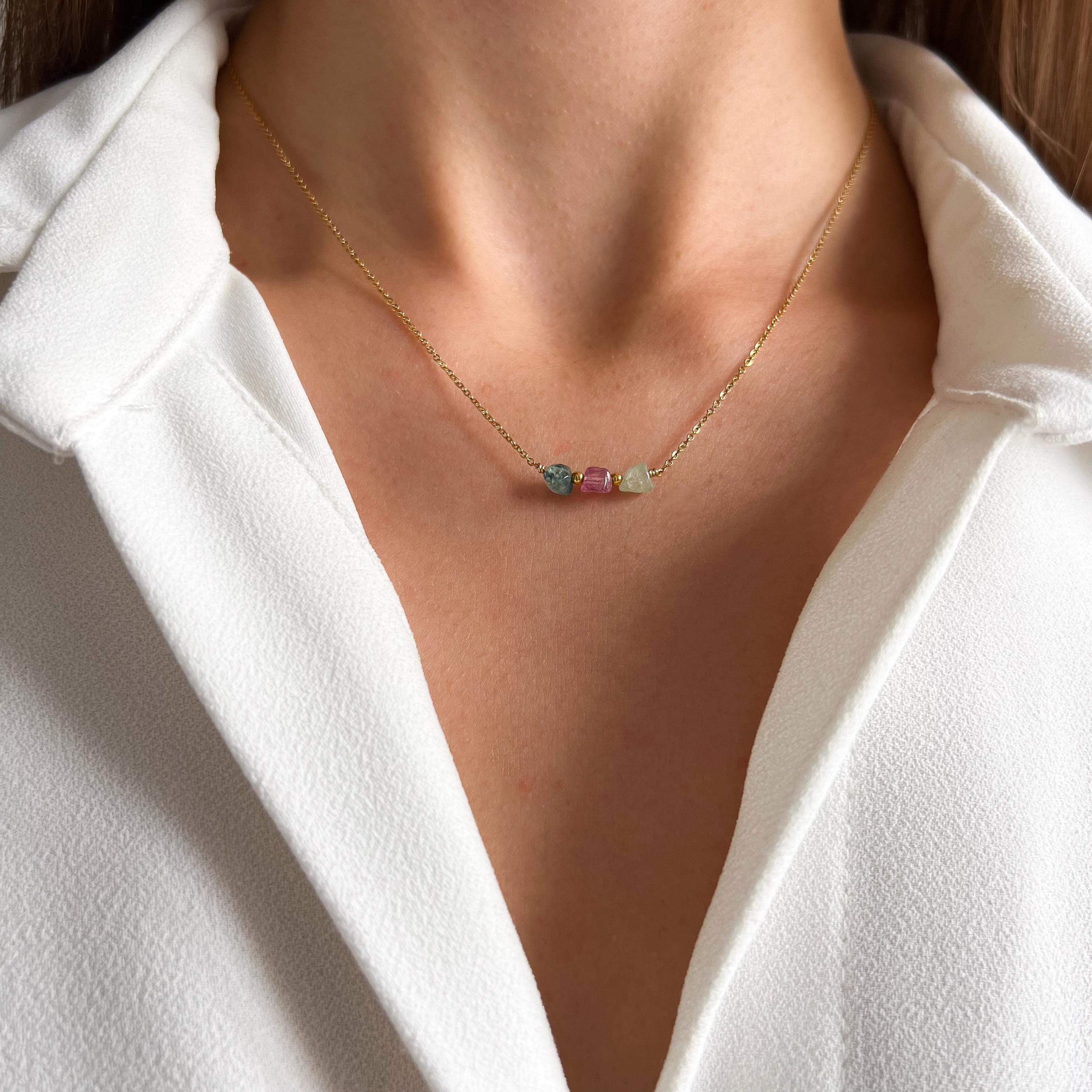 Collier tourmaline pierre naturelle et acier inoxydable / Collier fin minimaliste pierres colorées