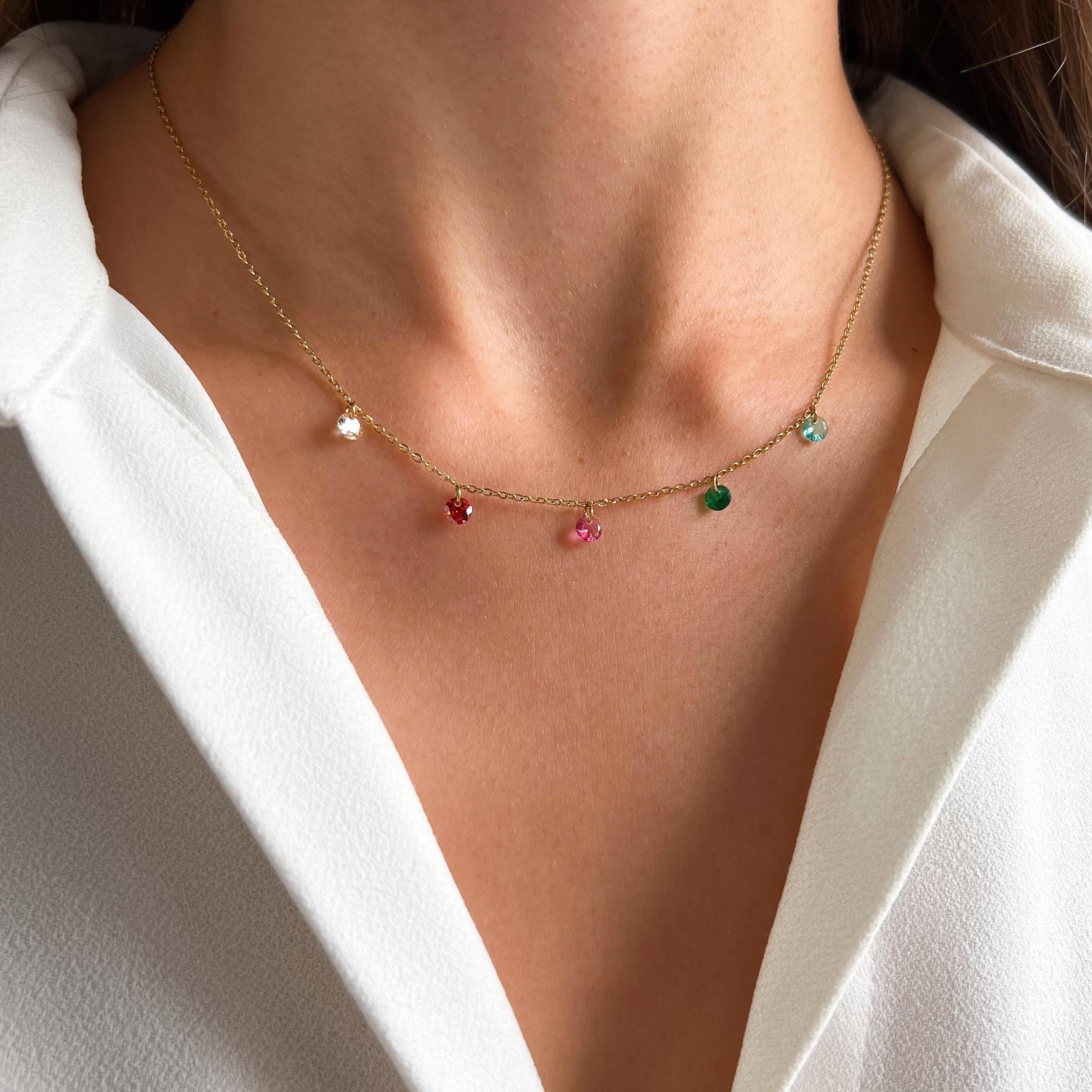Collier acier inoxydable oxydes de zirconium colorés / Collier femme pendentif perles multicolores