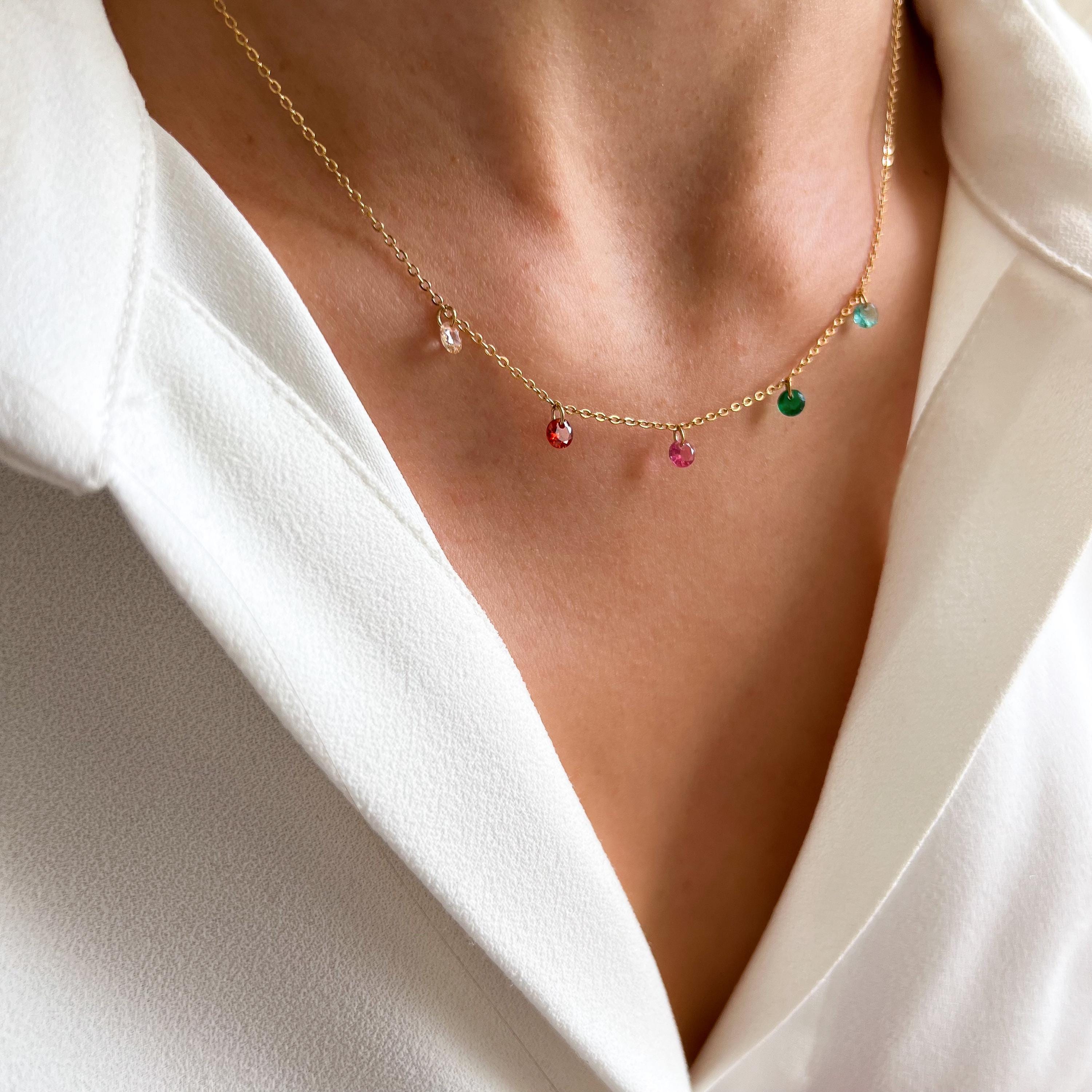 Collier acier inoxydable oxydes de zirconium colorés / Collier femme pendentif perles multicolores