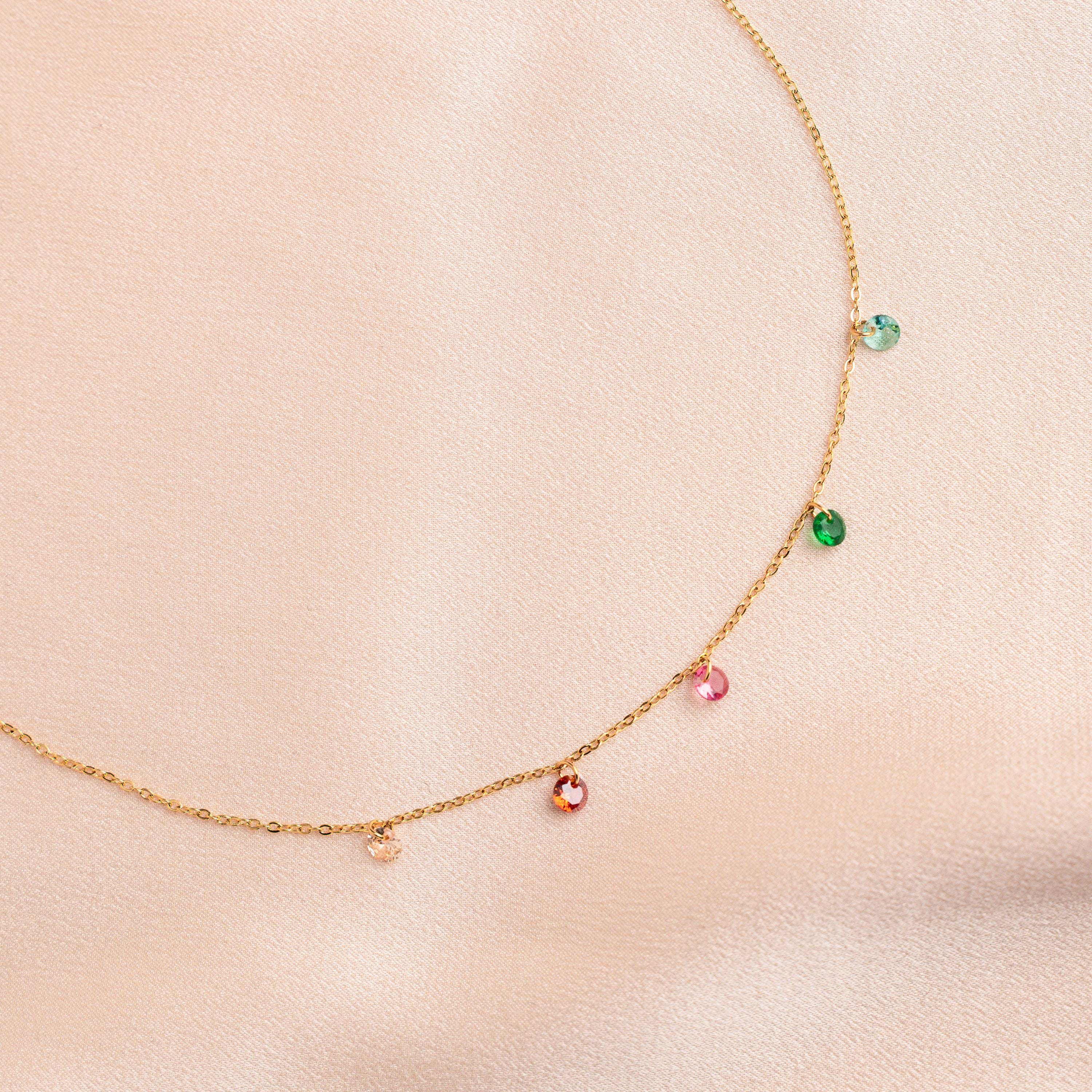 Collier acier inoxydable oxydes de zirconium colorés / Collier femme pendentif perles multicolores