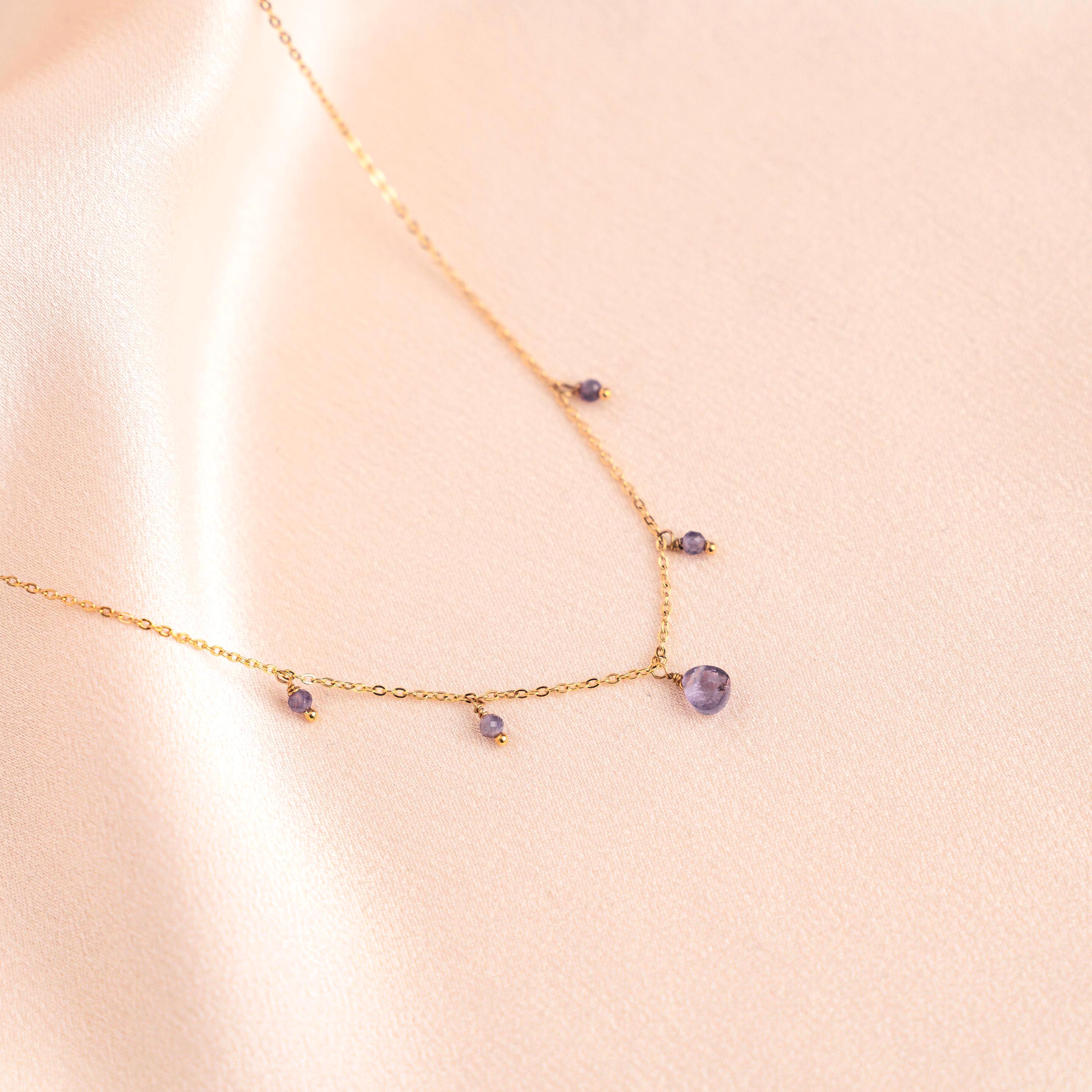 Collier acier inoxydable pierre Améthyste violet / Collier femme pendentif pierre semi précieuse