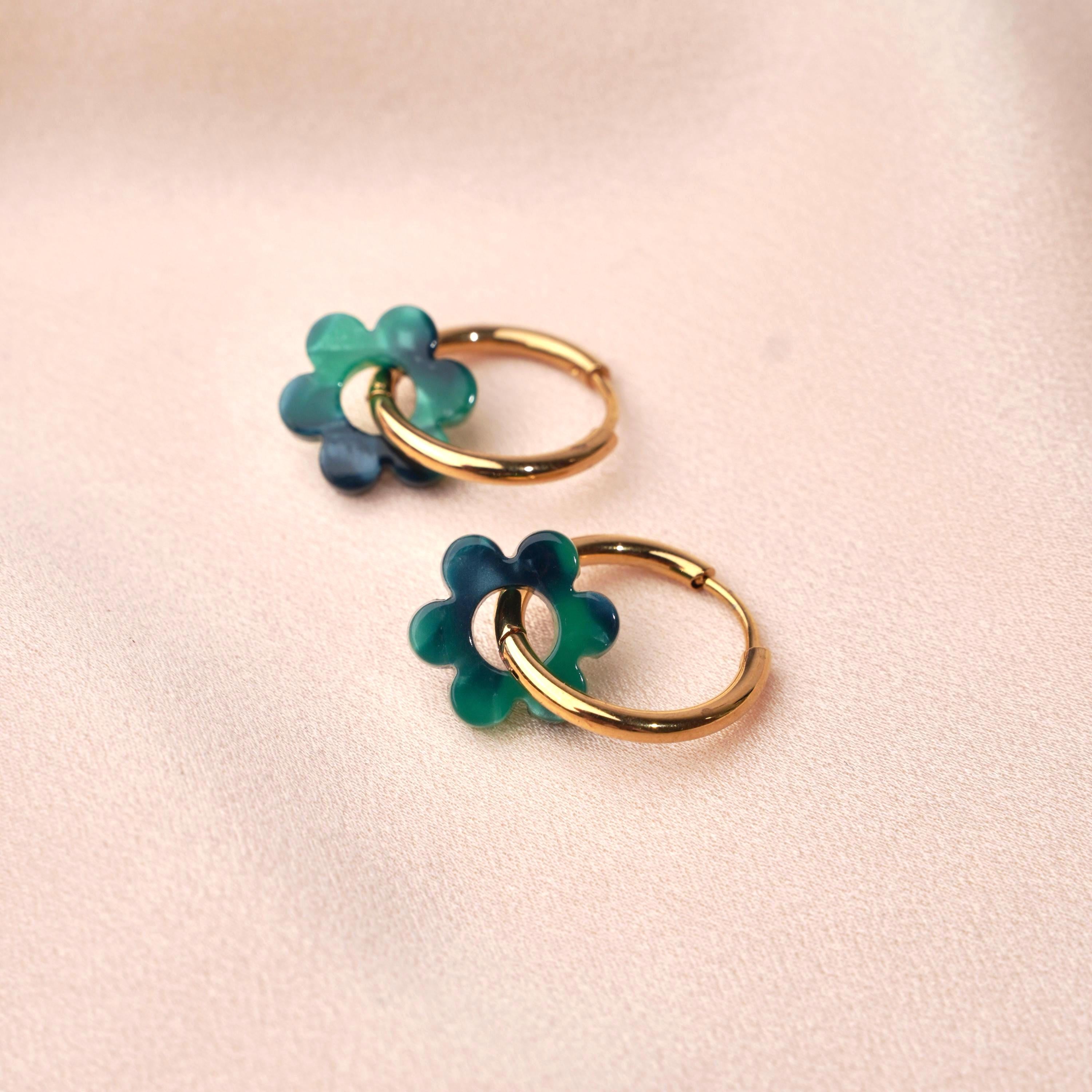 Petites créoles acier inoxydable fleur verte / Boucles d'oreilles anneau pendentif fleur