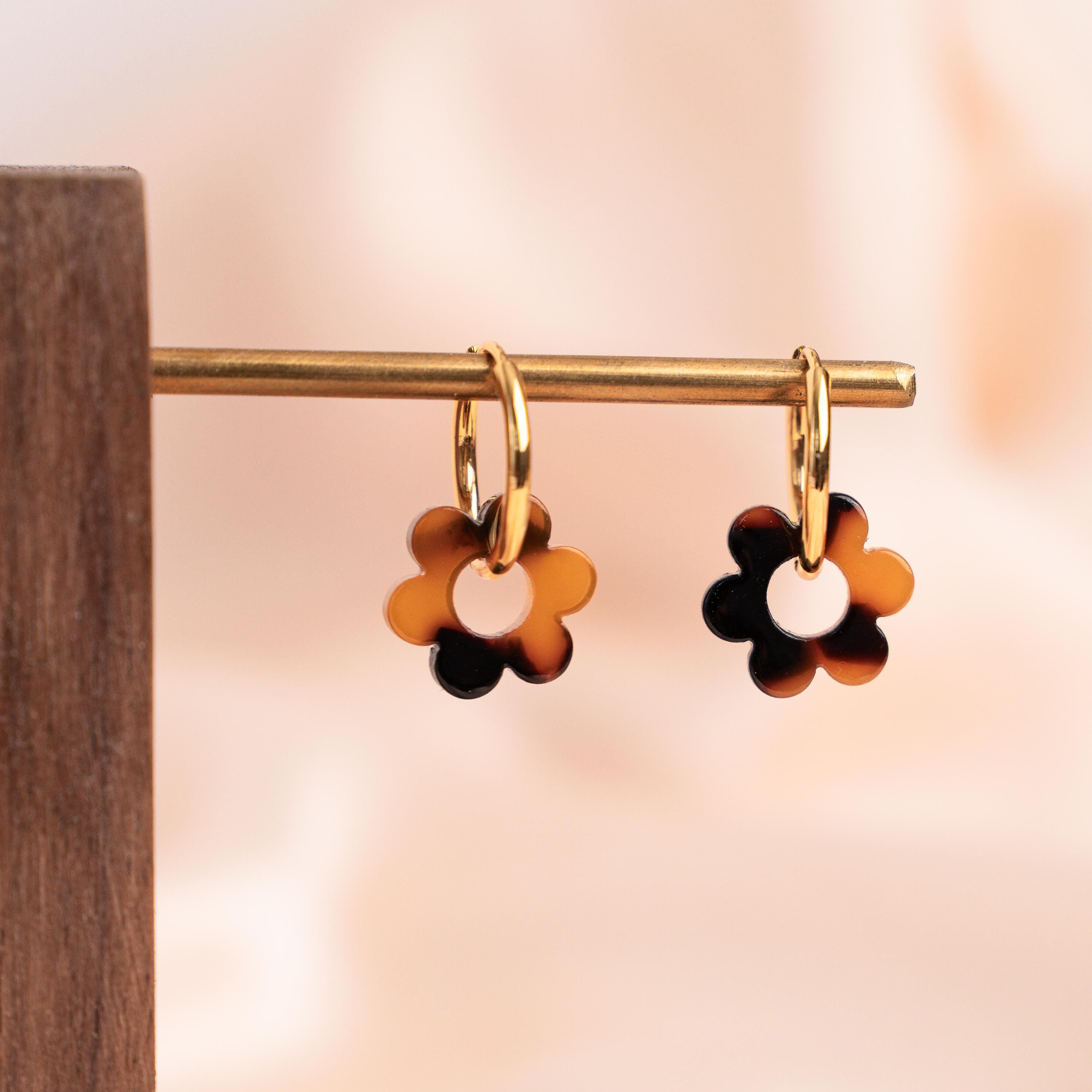 Petites créoles acier inoxydable fleur verte / Boucles d'oreilles anneau pendentif fleur