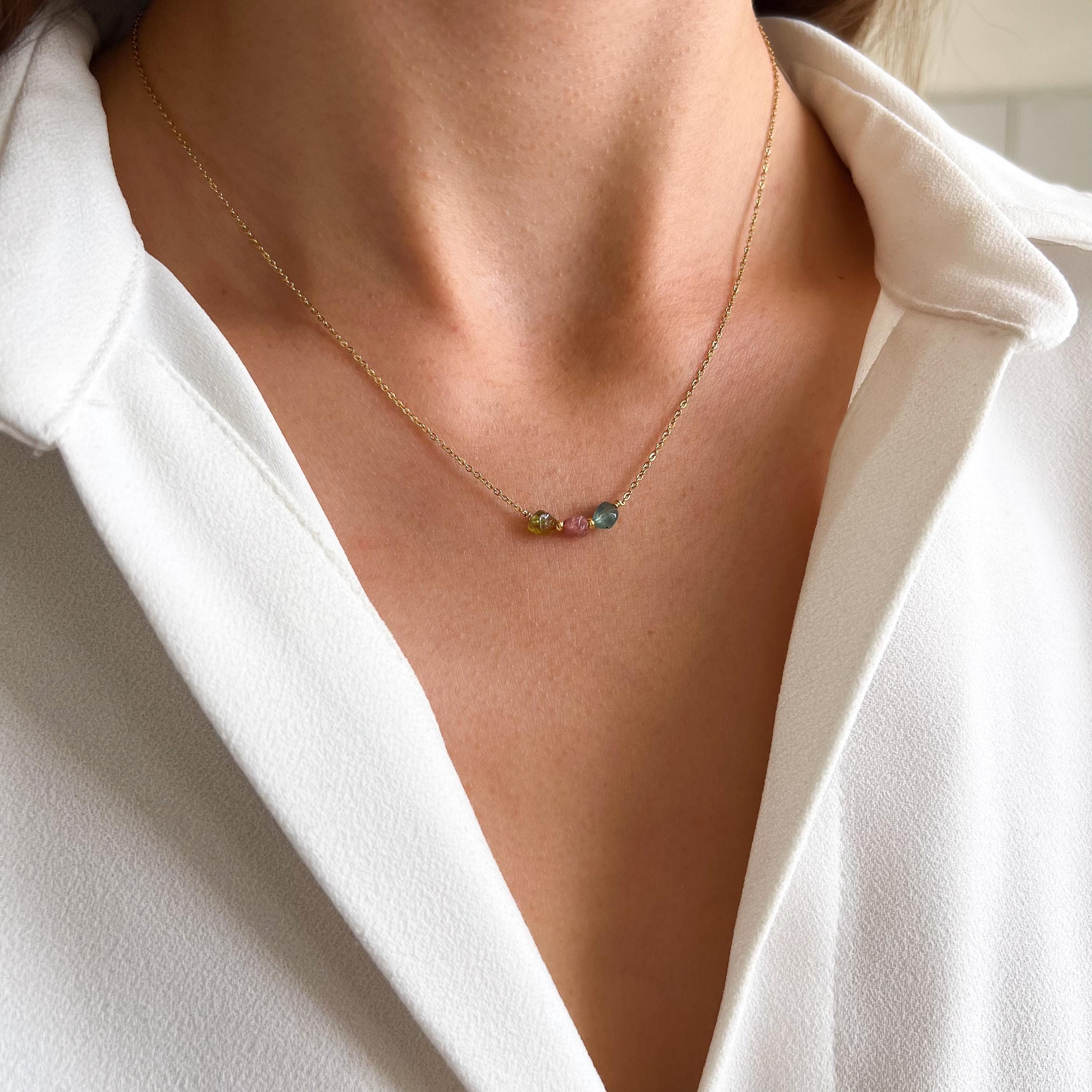 Collier tourmaline pierre naturelle et acier inoxydable / Collier fin minimaliste pierres colorées
