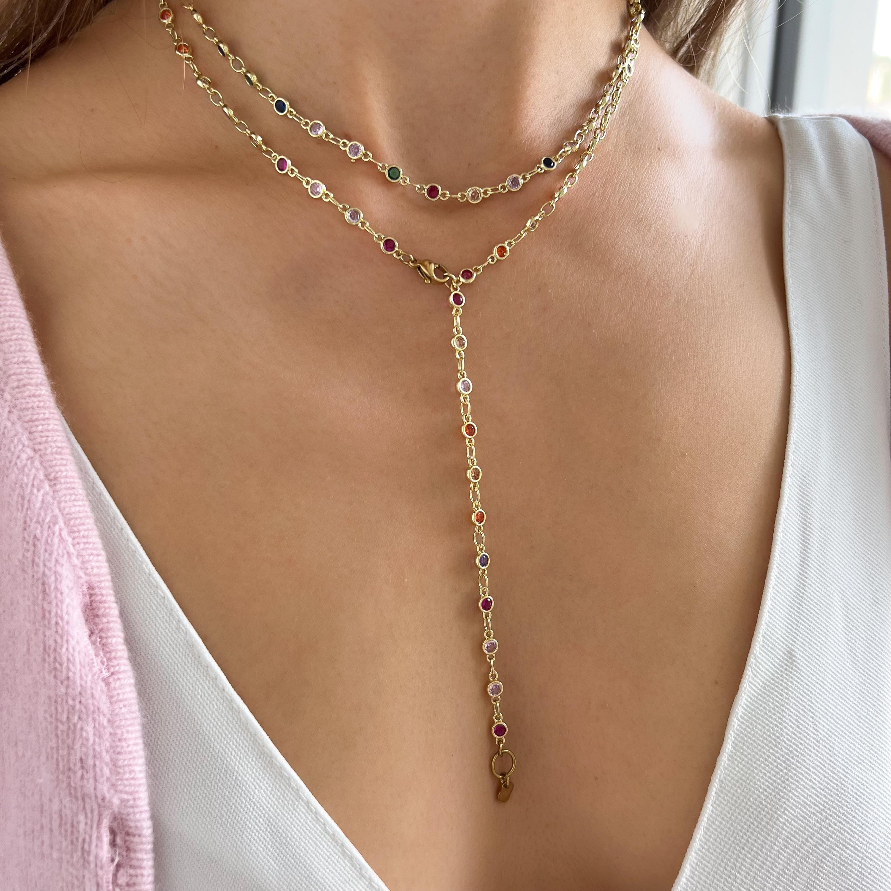 Collier double rang pierres multicolores / Collier femme acier inoxydable