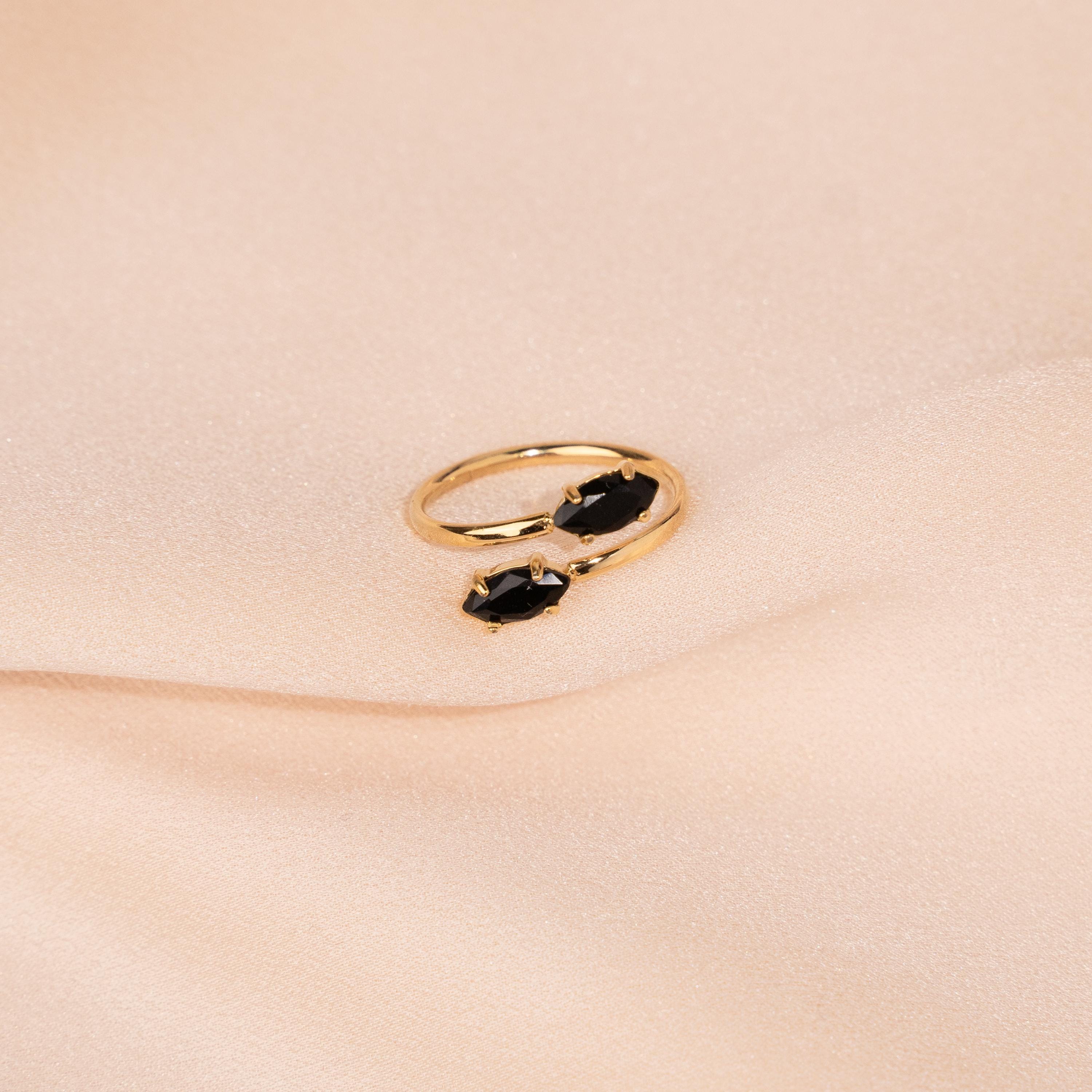 Bague femme acier inoxydable pierre noire / Bague fine réglable / Bague pierre marquise ajustable