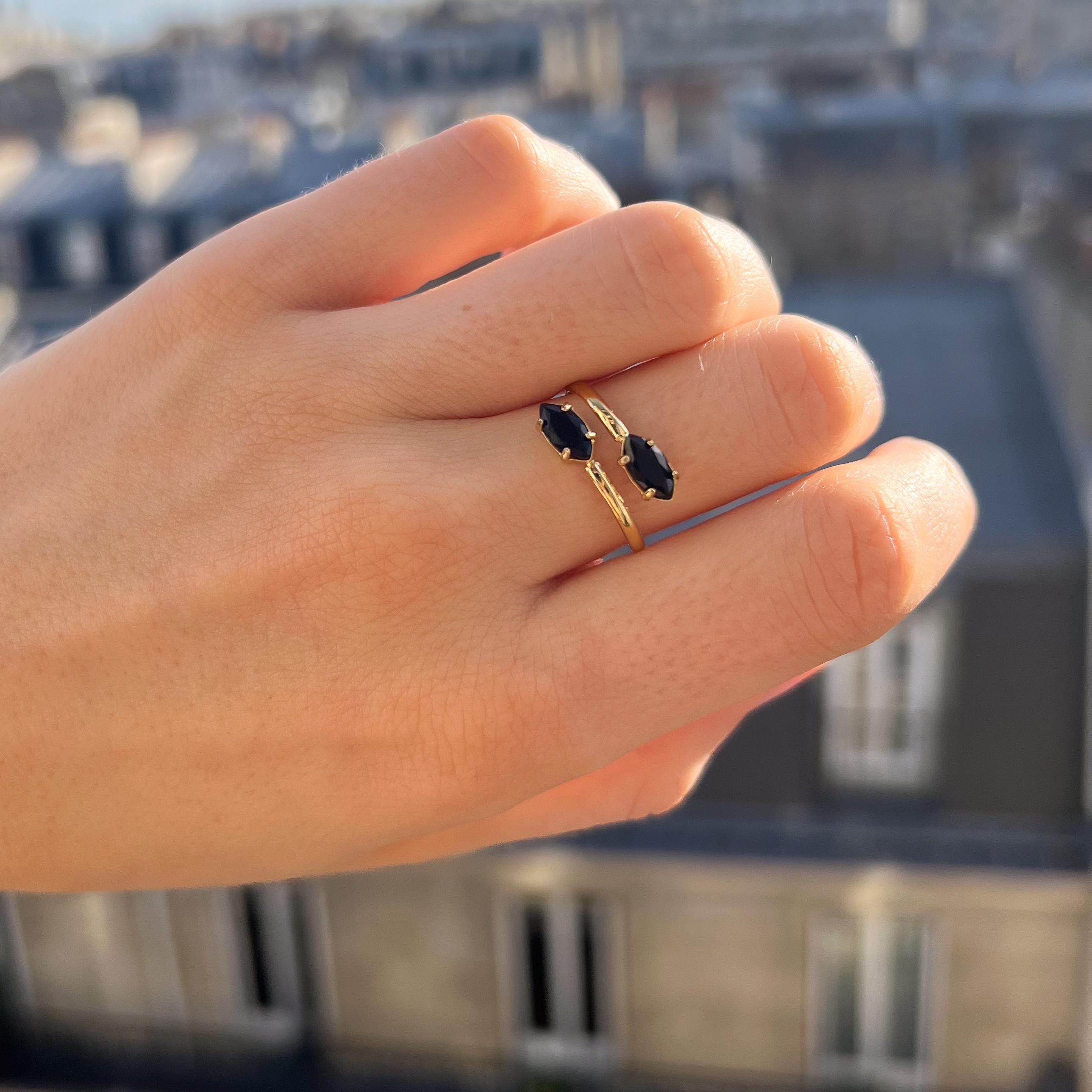 Bague femme acier inoxydable pierre noire / Bague fine réglable / Bague pierre marquise ajustable