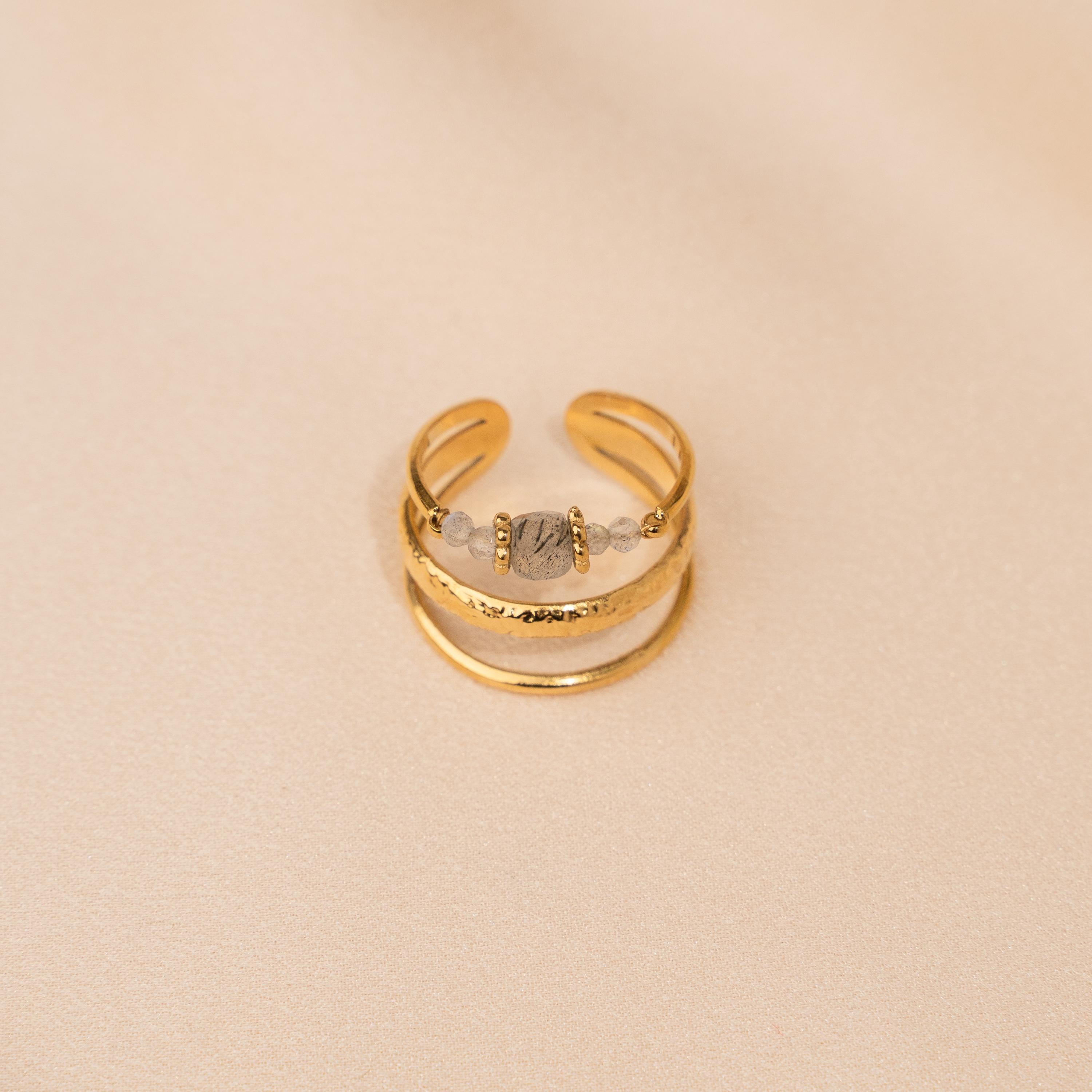 Bague femme acier inoxydable pierre naturelle labradorite / bague triple rang réglable dorée pierre grise