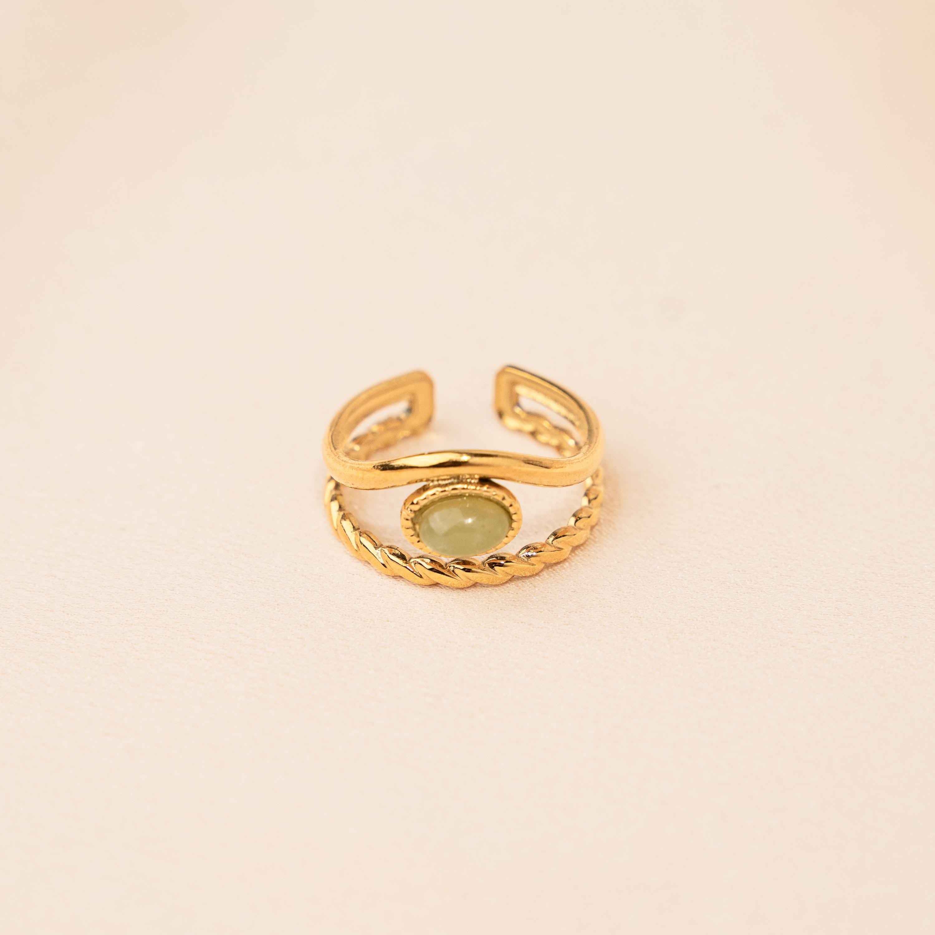 Bague femme acier inoxydable pierre naturelle ovale agate verte / bague double réglable dorée water resistant