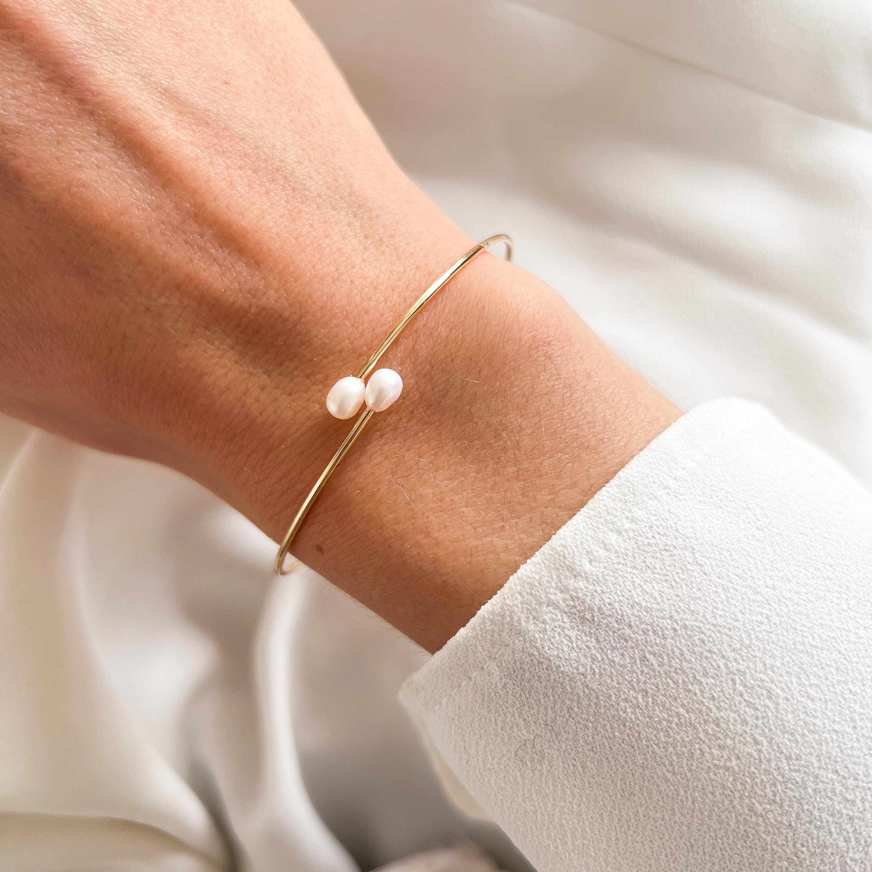 Jonc femme en acier inoxydable doré perles d'eau douce / Résiste à l'eau