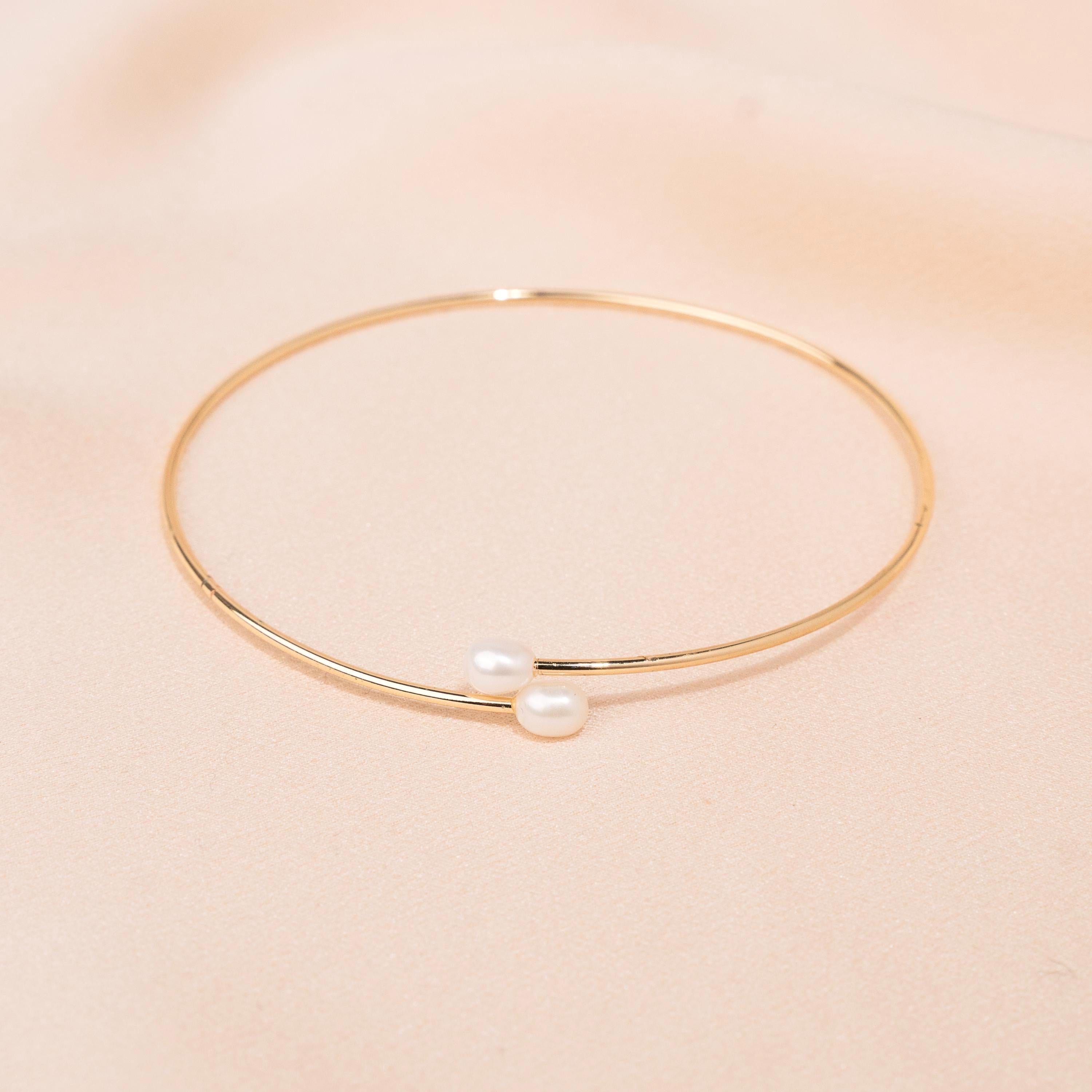 Jonc femme en acier inoxydable doré perles d'eau douce / Résiste à l'eau