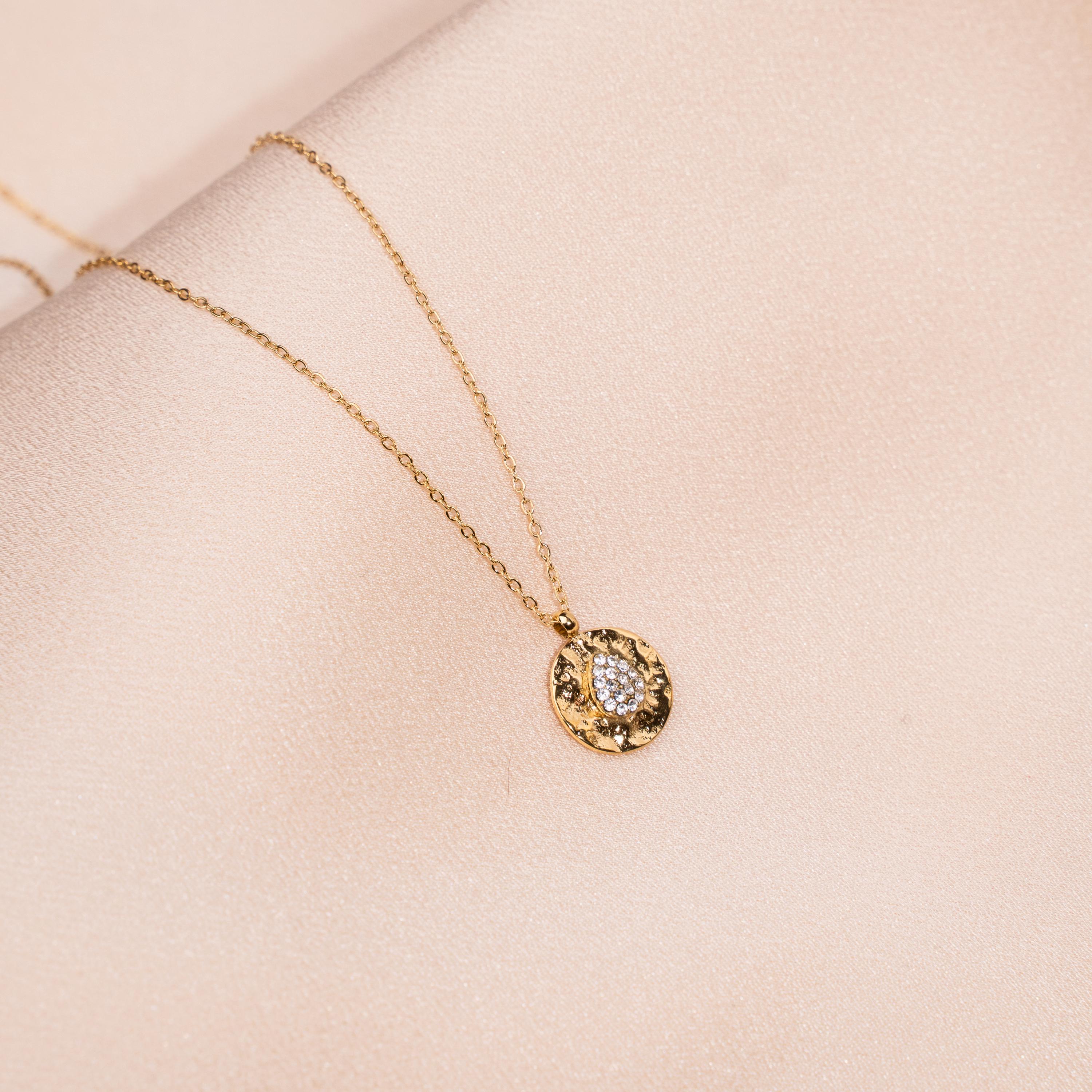 Collier fin pendentif rond martelé goutte oxyde de zirconium / Collier femme minimaliste chaine acier inoxydable / Cadeau femme