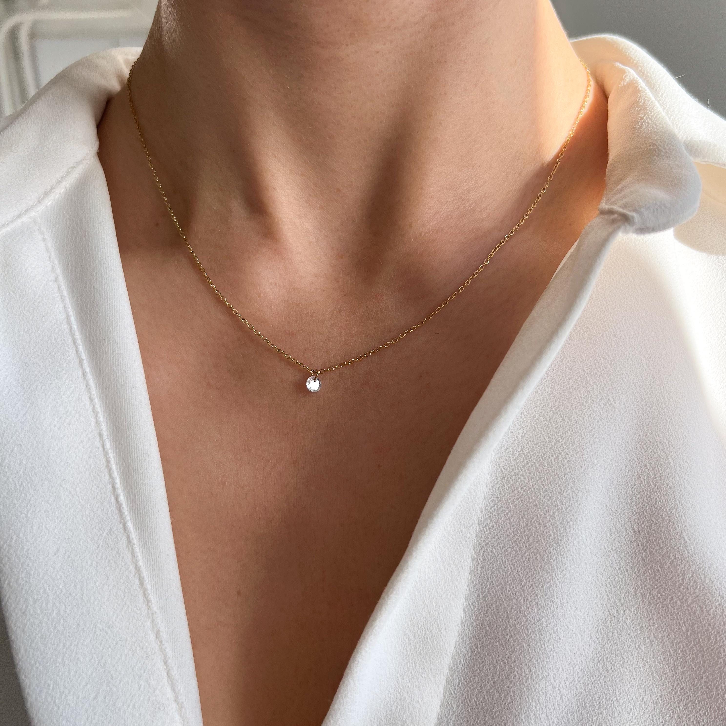 Collier fin pendentif rond oxyde de zirconium brillant / Collier femme minimaliste chaine acier inoxydable / Cadeau femme