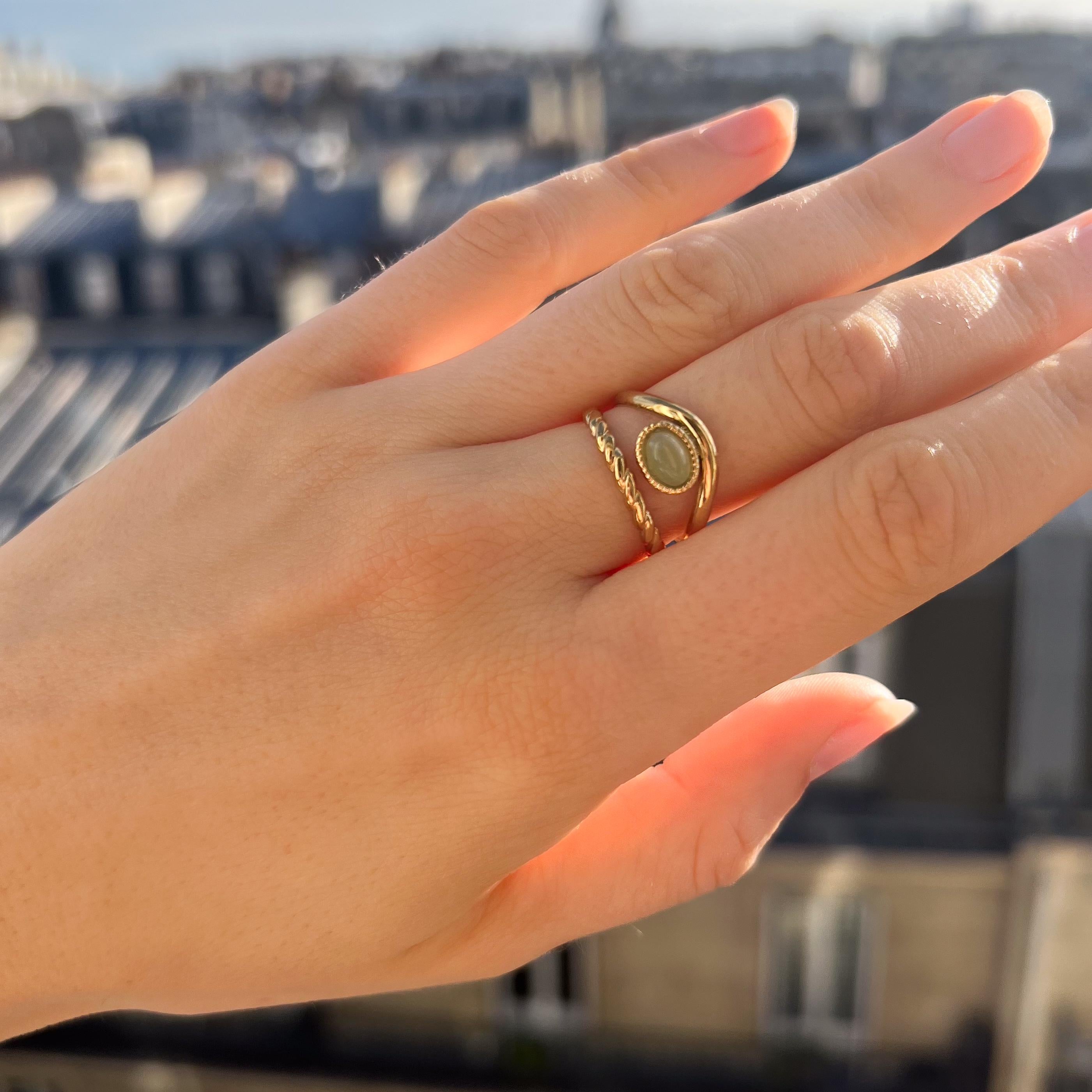 Bague femme acier inoxydable pierre naturelle ovale agate verte / bague double réglable dorée water resistant
