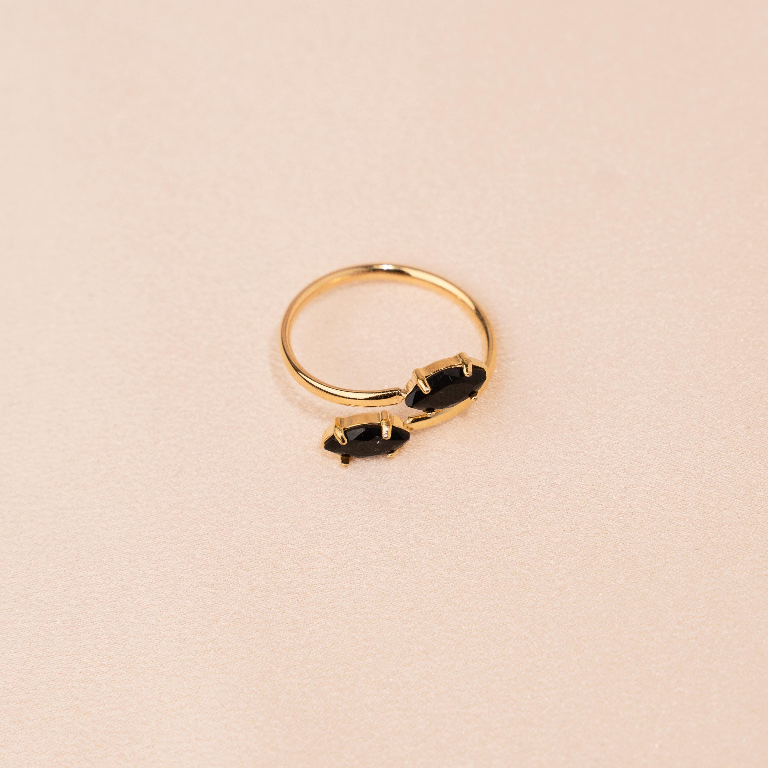 Bague femme acier inoxydable pierre noire / Bague fine réglable / Bague pierre marquise ajustable