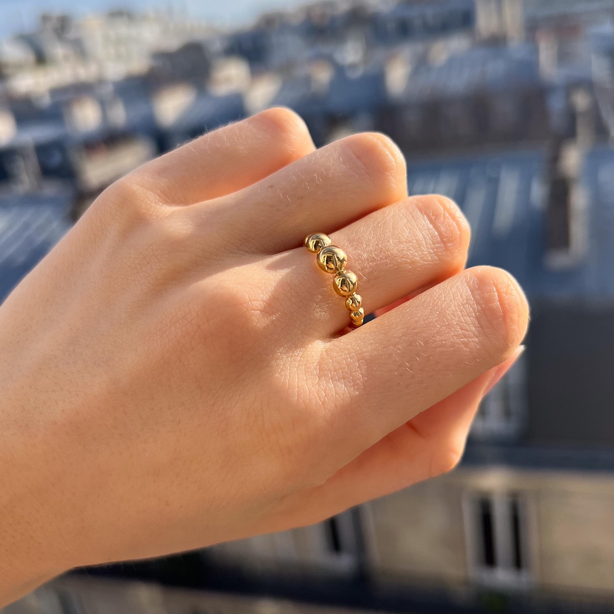Bague femme acier inoxydable forme boules / Bague réglable dorée résistante à l'eau