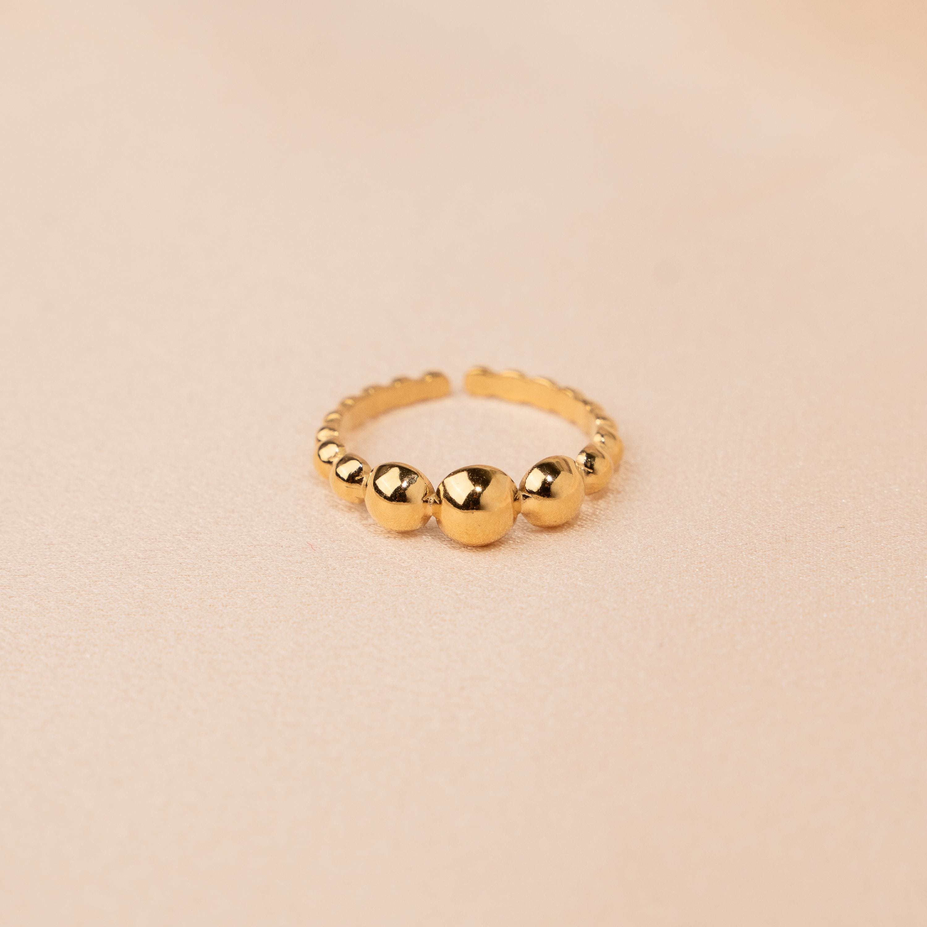 Bague femme acier inoxydable forme boules / Bague réglable dorée résistante à l'eau