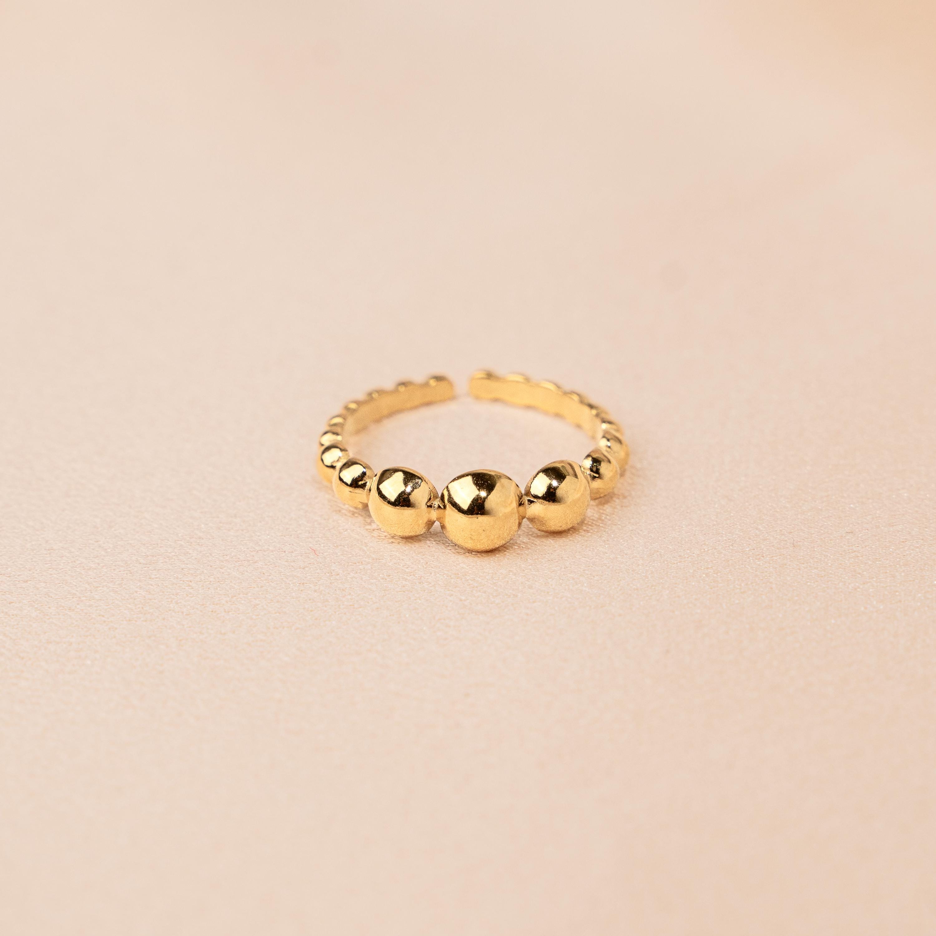 Bague femme acier inoxydable forme boules / Bague réglable dorée résistante à l'eau