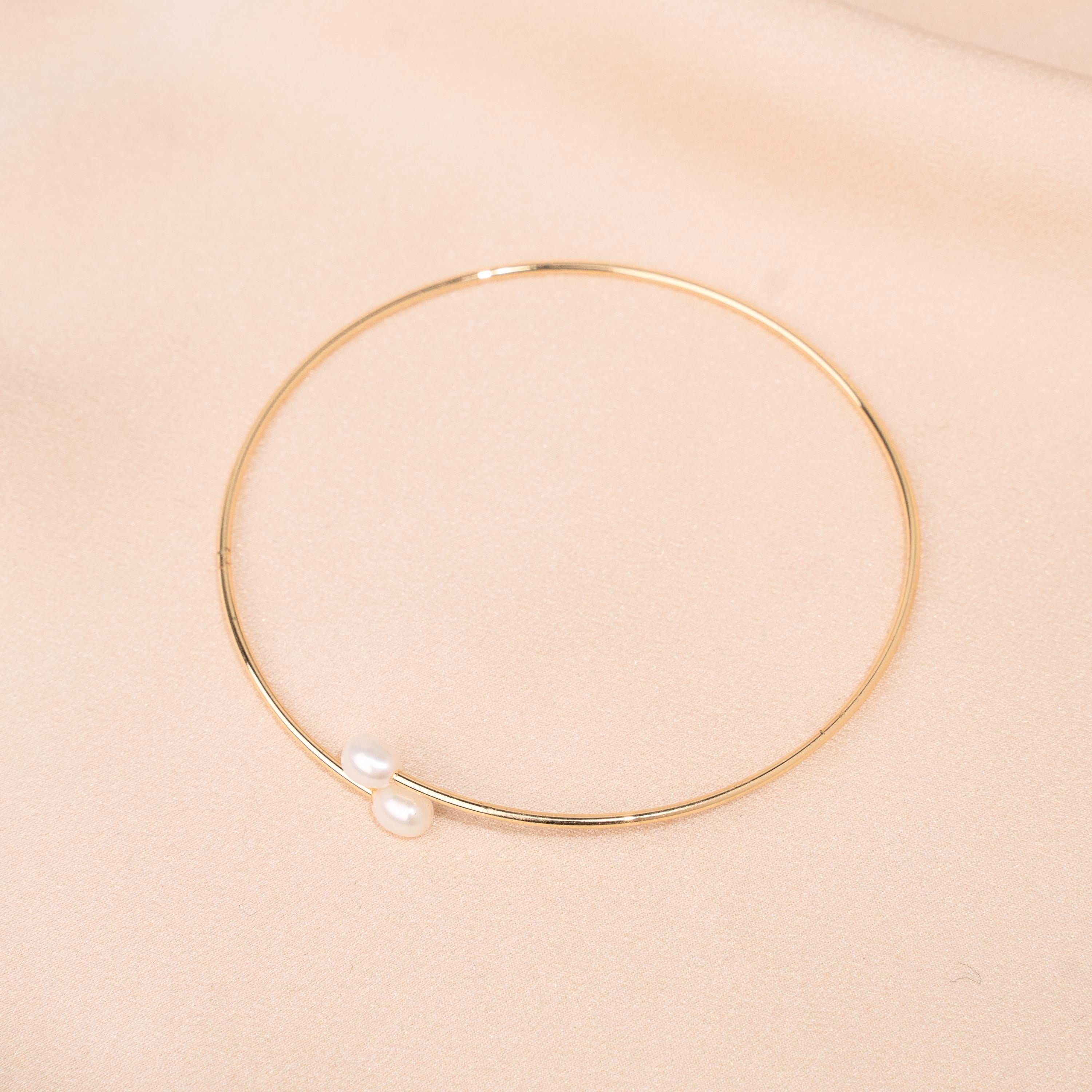 Jonc femme en acier inoxydable doré perles d'eau douce / Résiste à l'eau