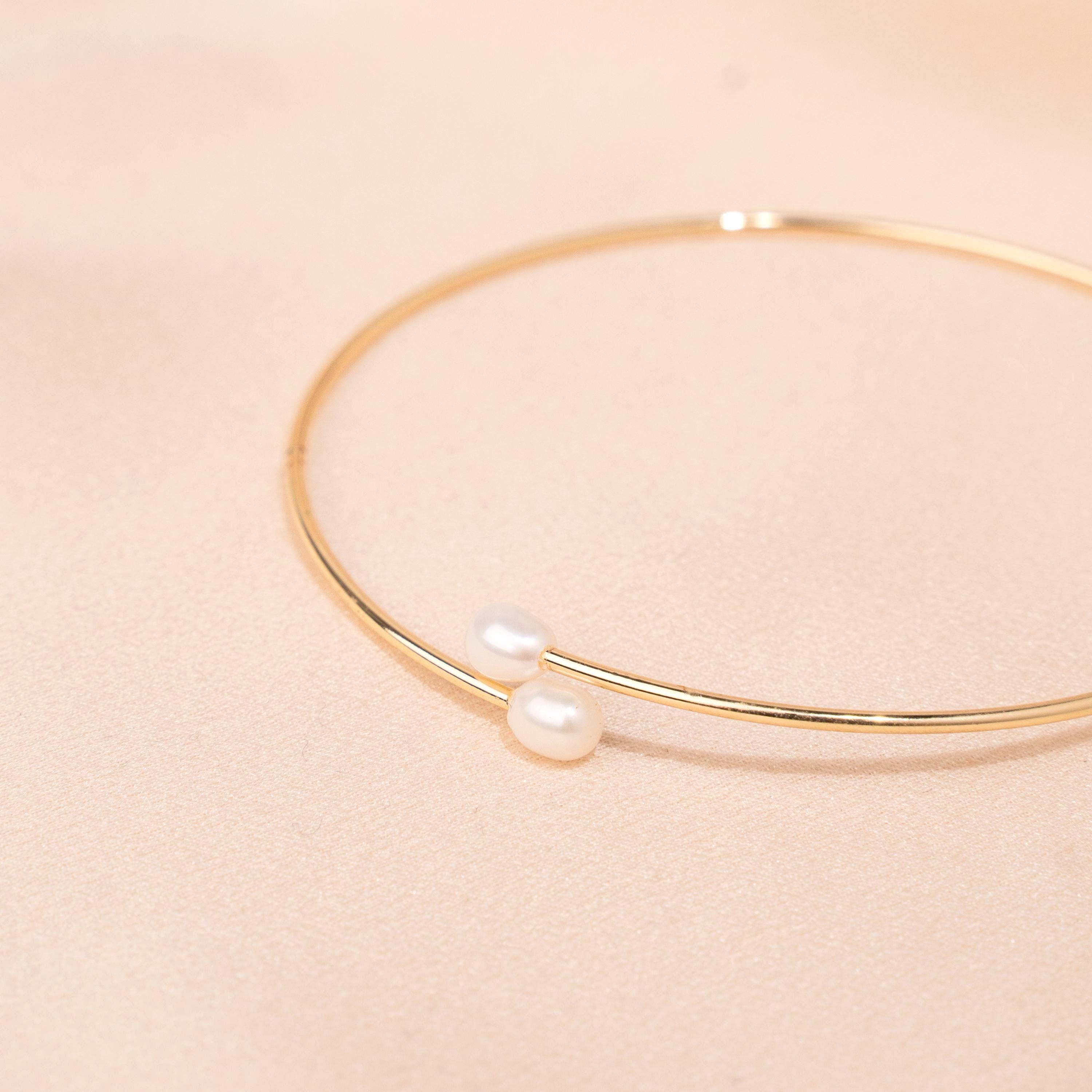 Jonc femme en acier inoxydable doré perles d'eau douce / Résiste à l'eau