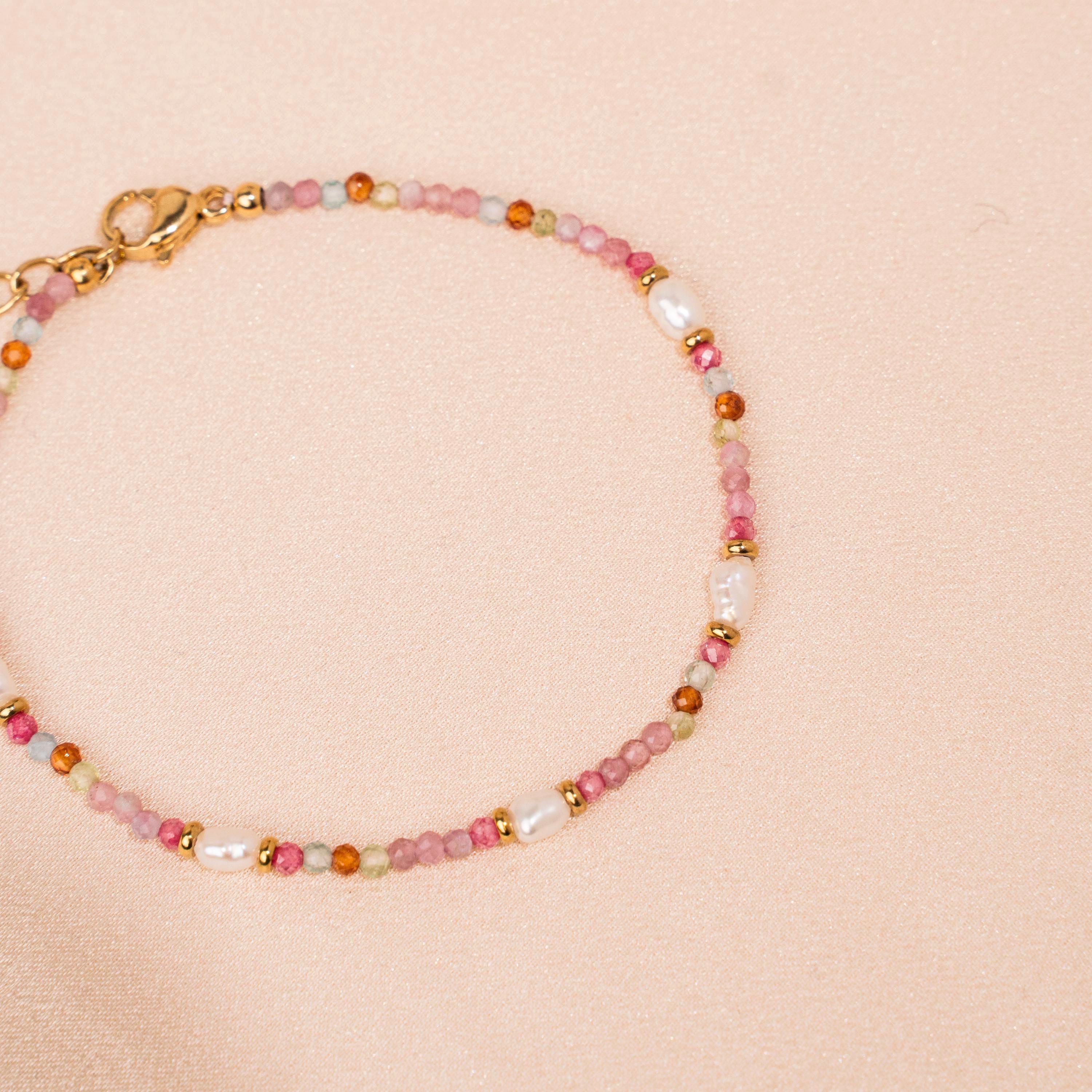 Bracelet perles en pierre naturelle agate rose et perles d'eau douce / bracelet femme perles rose