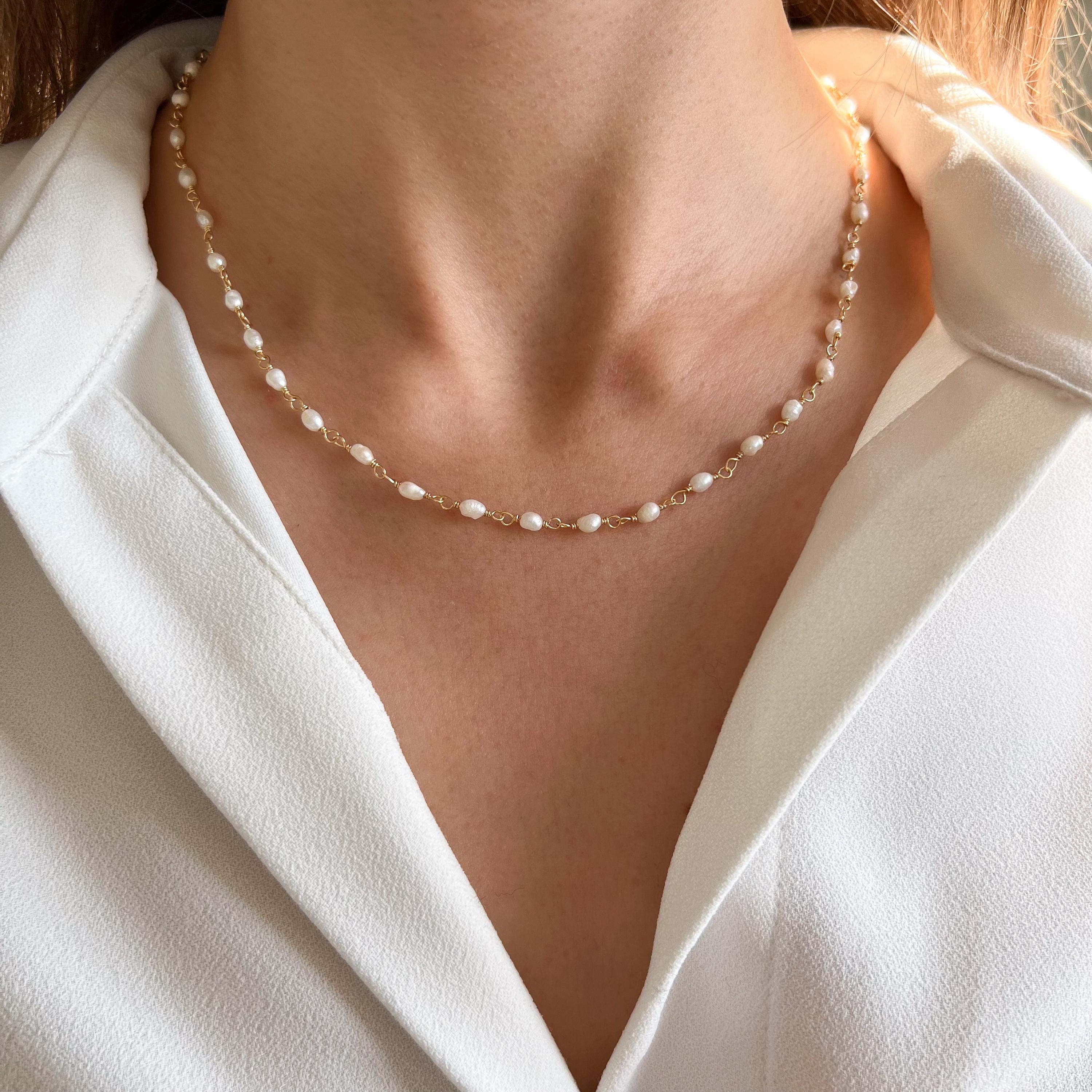Collier perles d'eau douce nacre blanche / Collier femme chaine perles blanches acier inoxydable