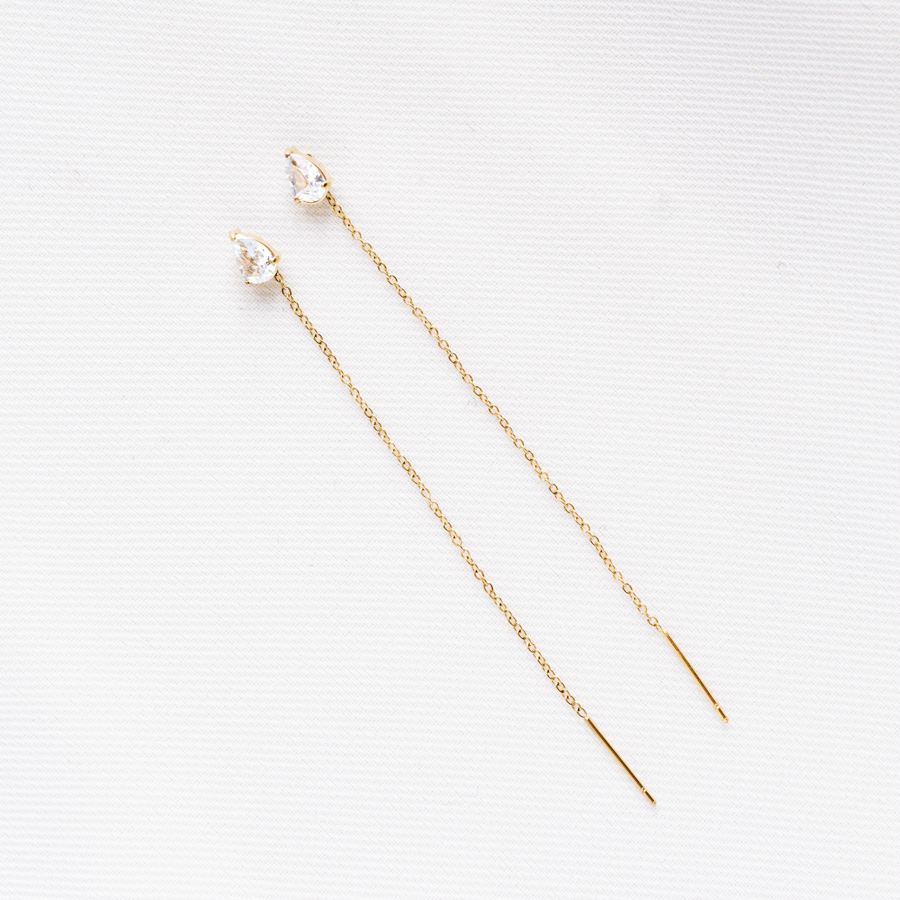 Boucles d'oreilles chaines pendantes goutte en oxyde de zirconium / Boucles d'oreille chaine traversante acier inoxydable doré
