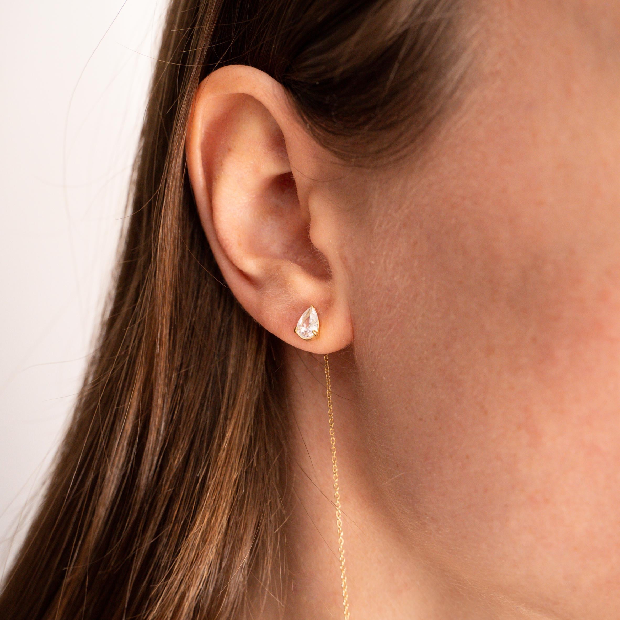 Boucles d'oreilles chaines pendantes goutte en oxyde de zirconium / Boucles d'oreille chaine traversante acier inoxydable doré