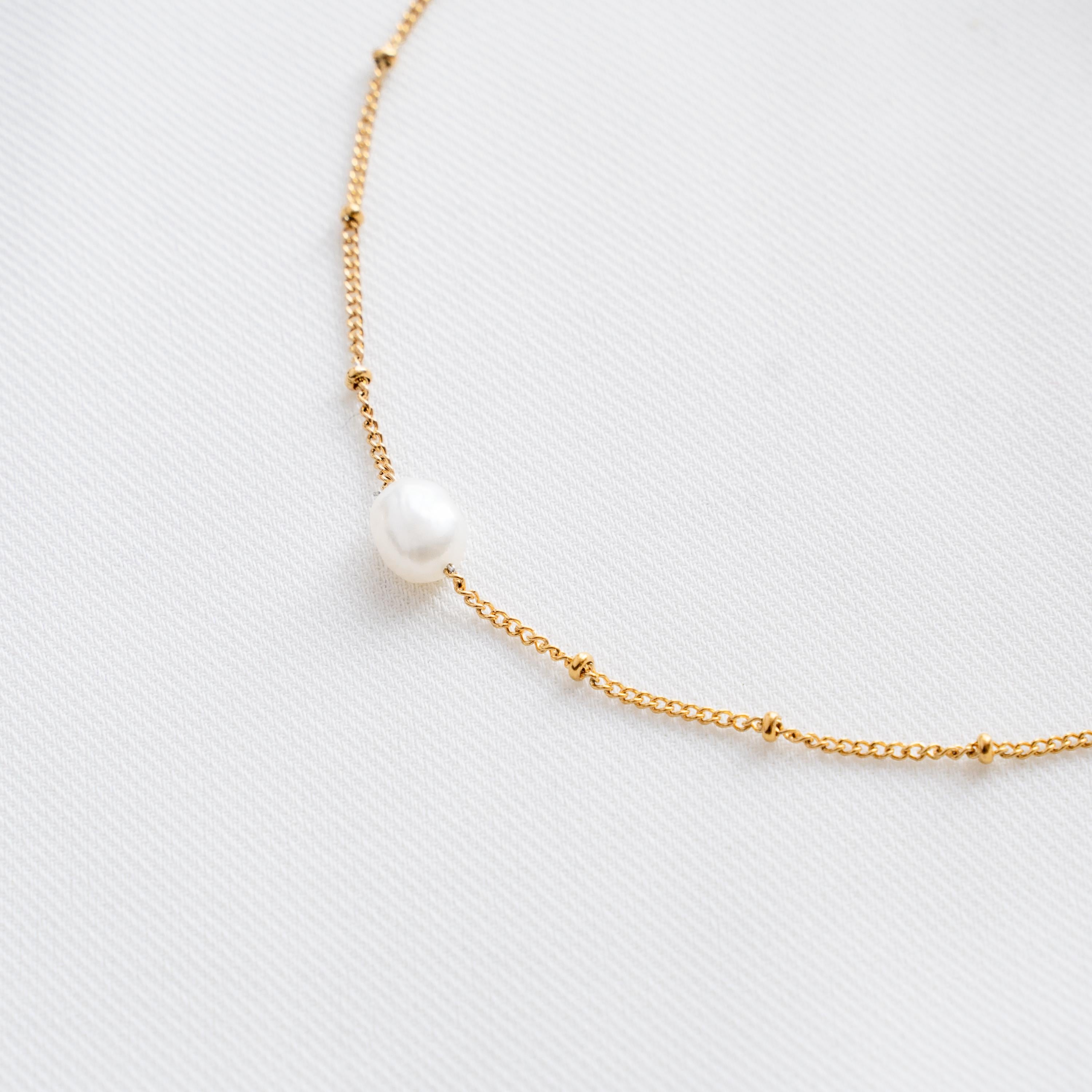 Collier perle d'eau douce nacre blanche chaine à billes / Collier femme chaine perle blanche acier inoxydable