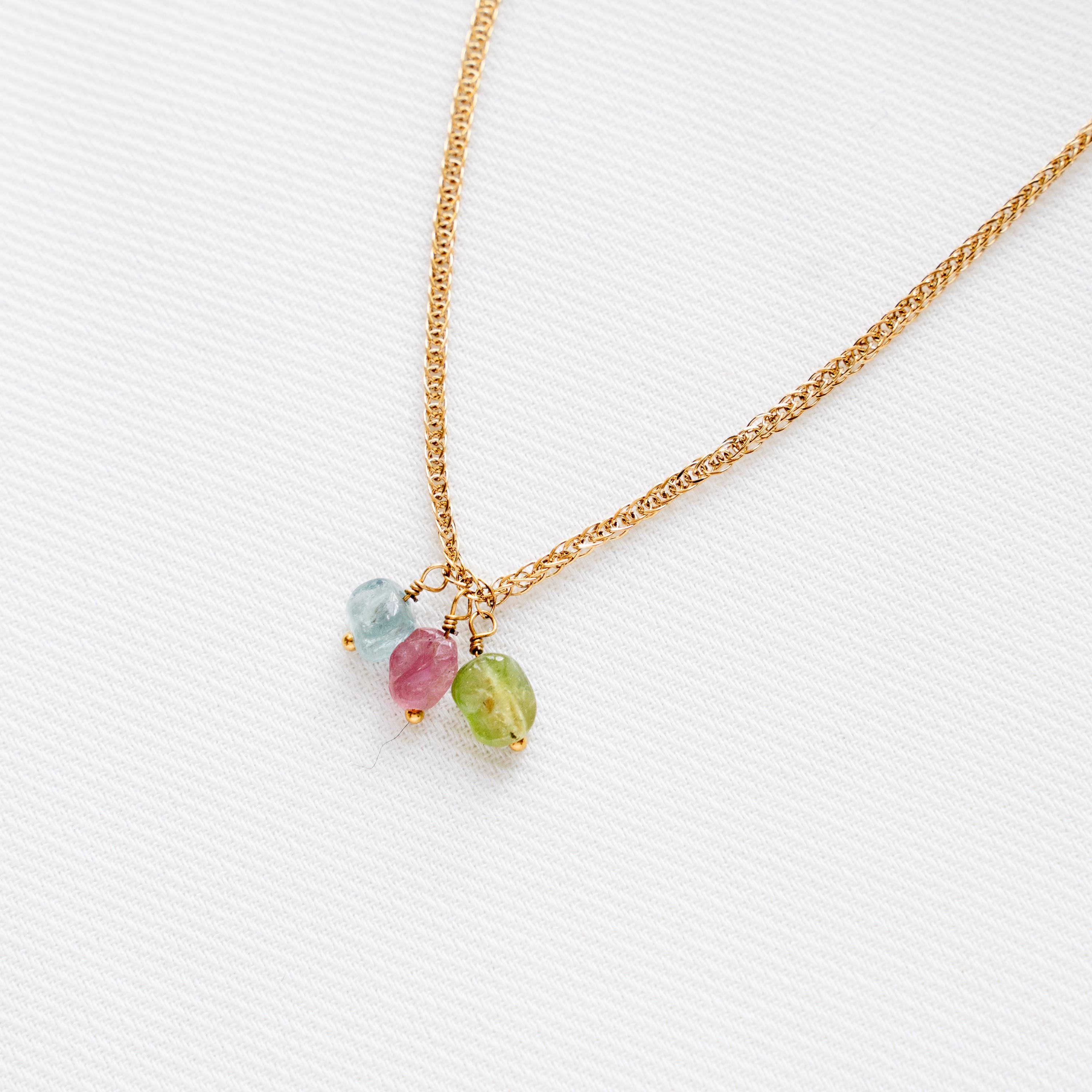 Collier pendentifs pierre naturelle tourmaline rose verte bleu / Collier femme chaine acier inoxydable doré