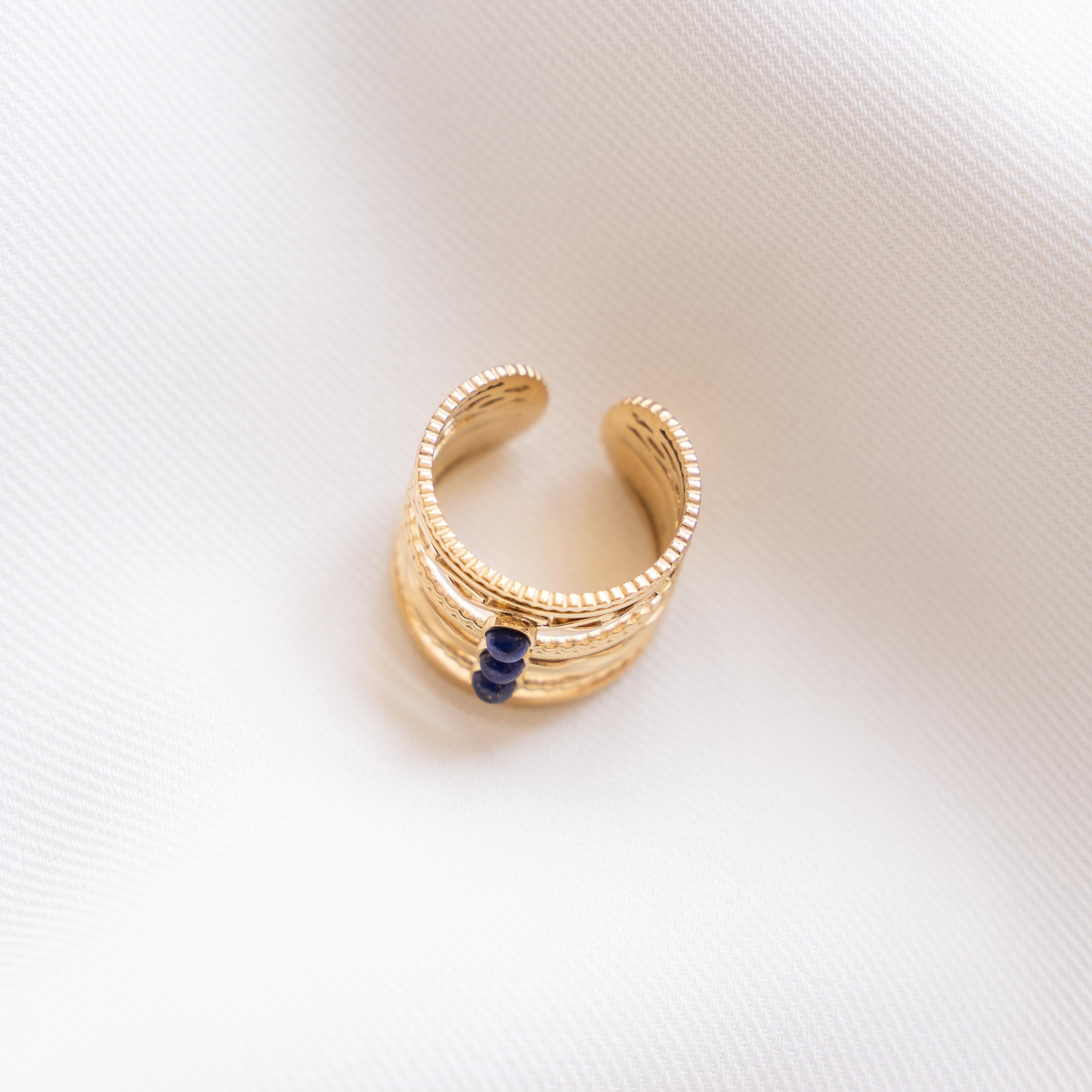 Bague femme acier inoxydable pierre naturelle lapis lazuli / bague multi rangs réglable dorée pierre bleu foncé