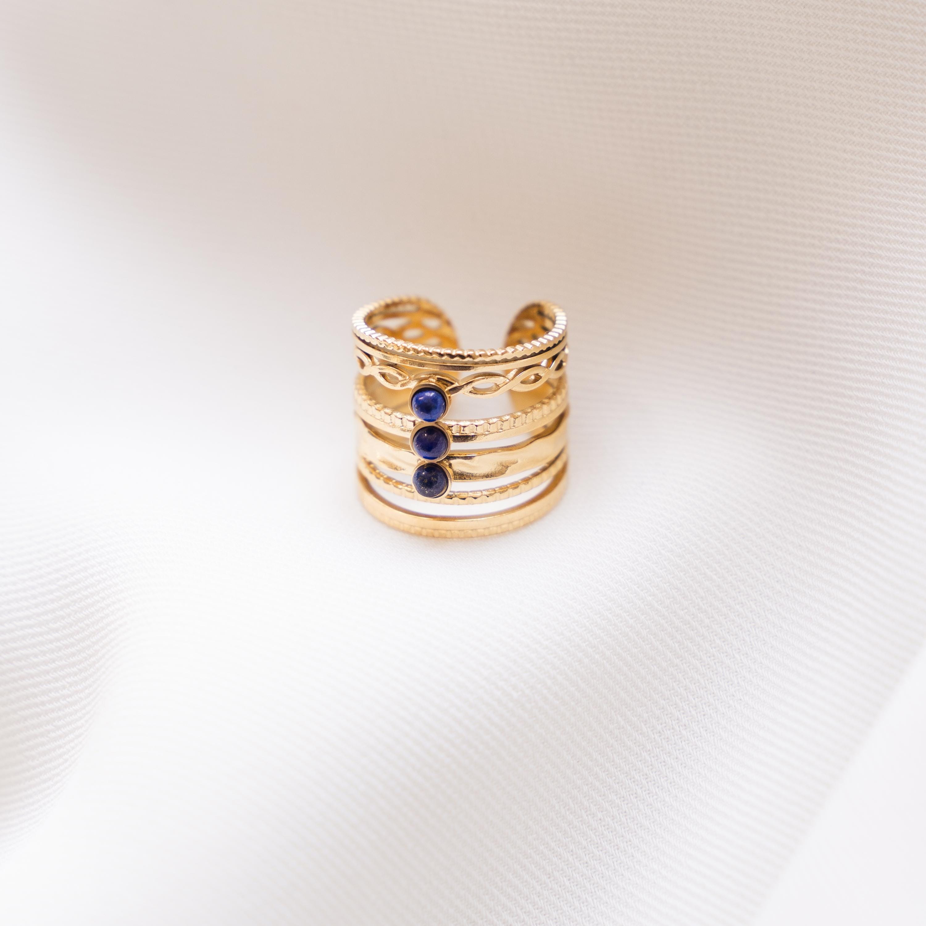 Bague femme acier inoxydable pierre naturelle lapis lazuli / bague multi rangs réglable dorée pierre bleu foncé