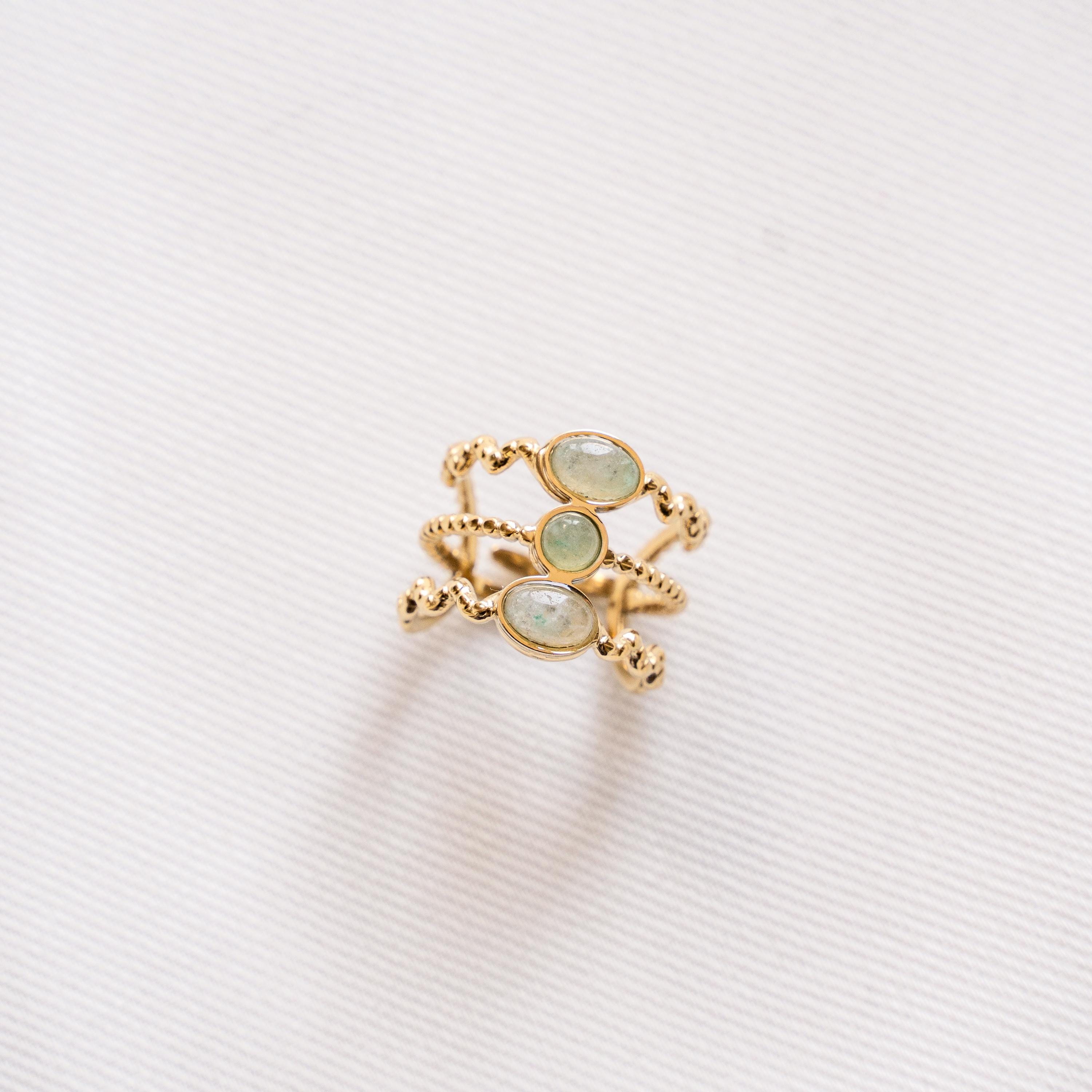 Bague femme acier inoxydable pierre naturelle aventurine ovale / bague double réglable dorée water resistant