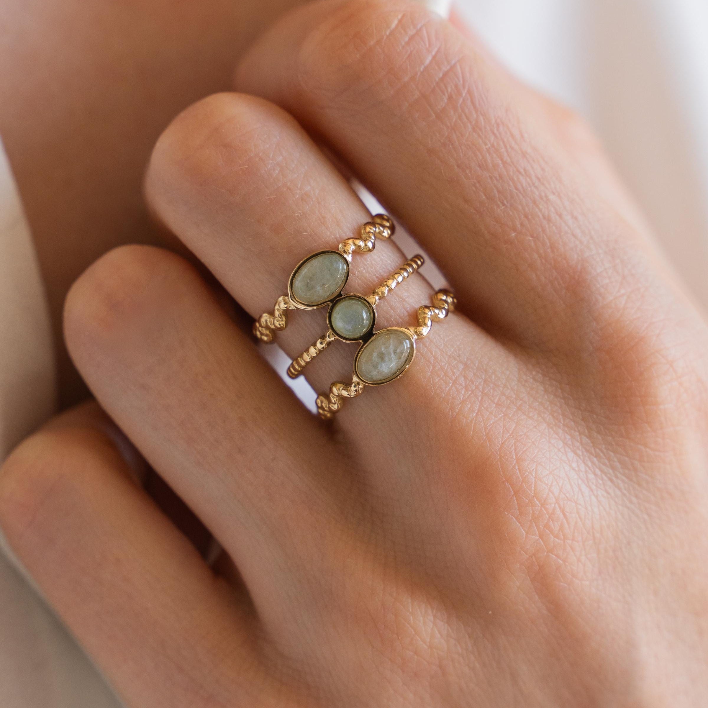 Bague femme acier inoxydable pierre naturelle aventurine ovale / bague double réglable dorée water resistant