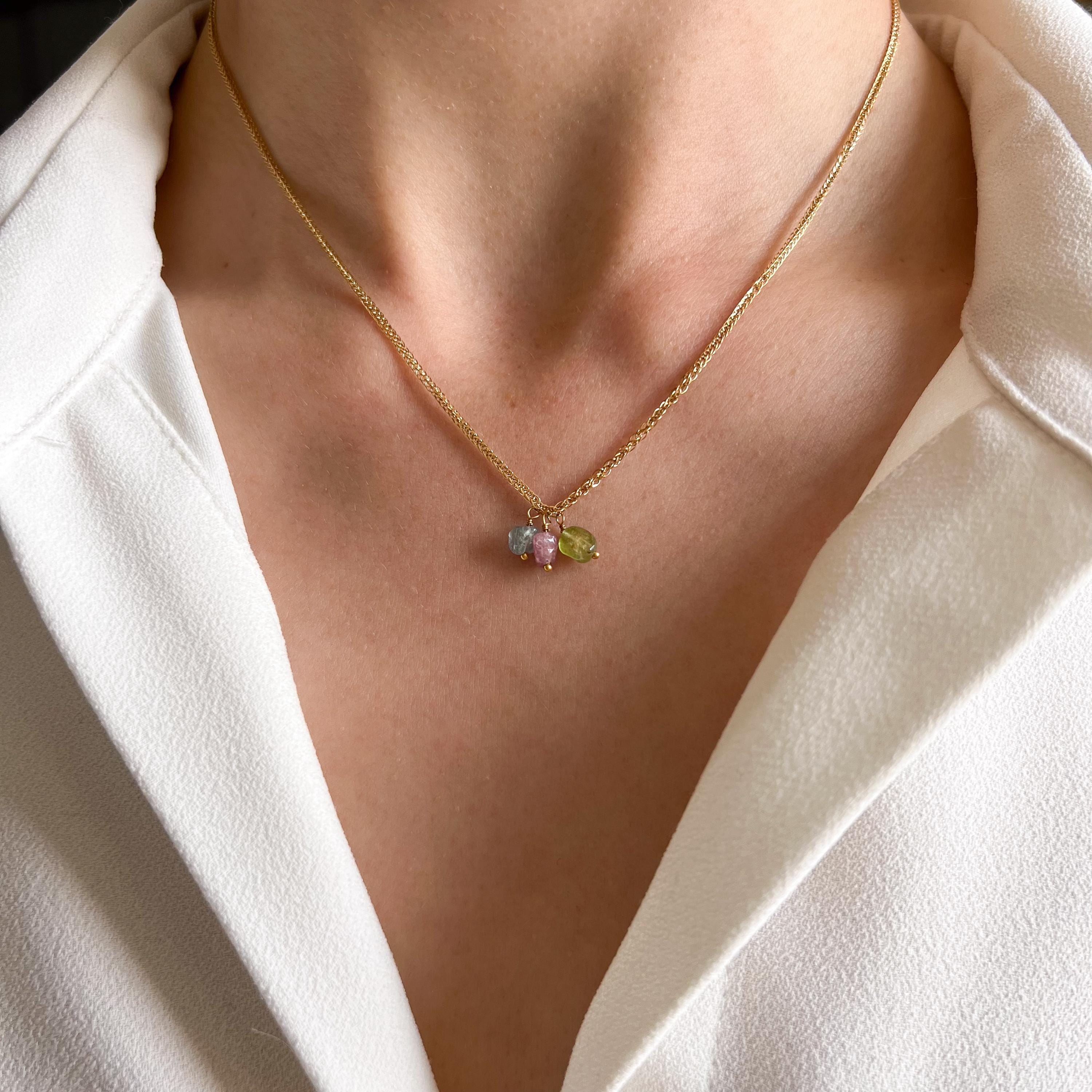 Collier pendentifs pierre naturelle tourmaline rose verte bleu / Collier femme chaine acier inoxydable doré